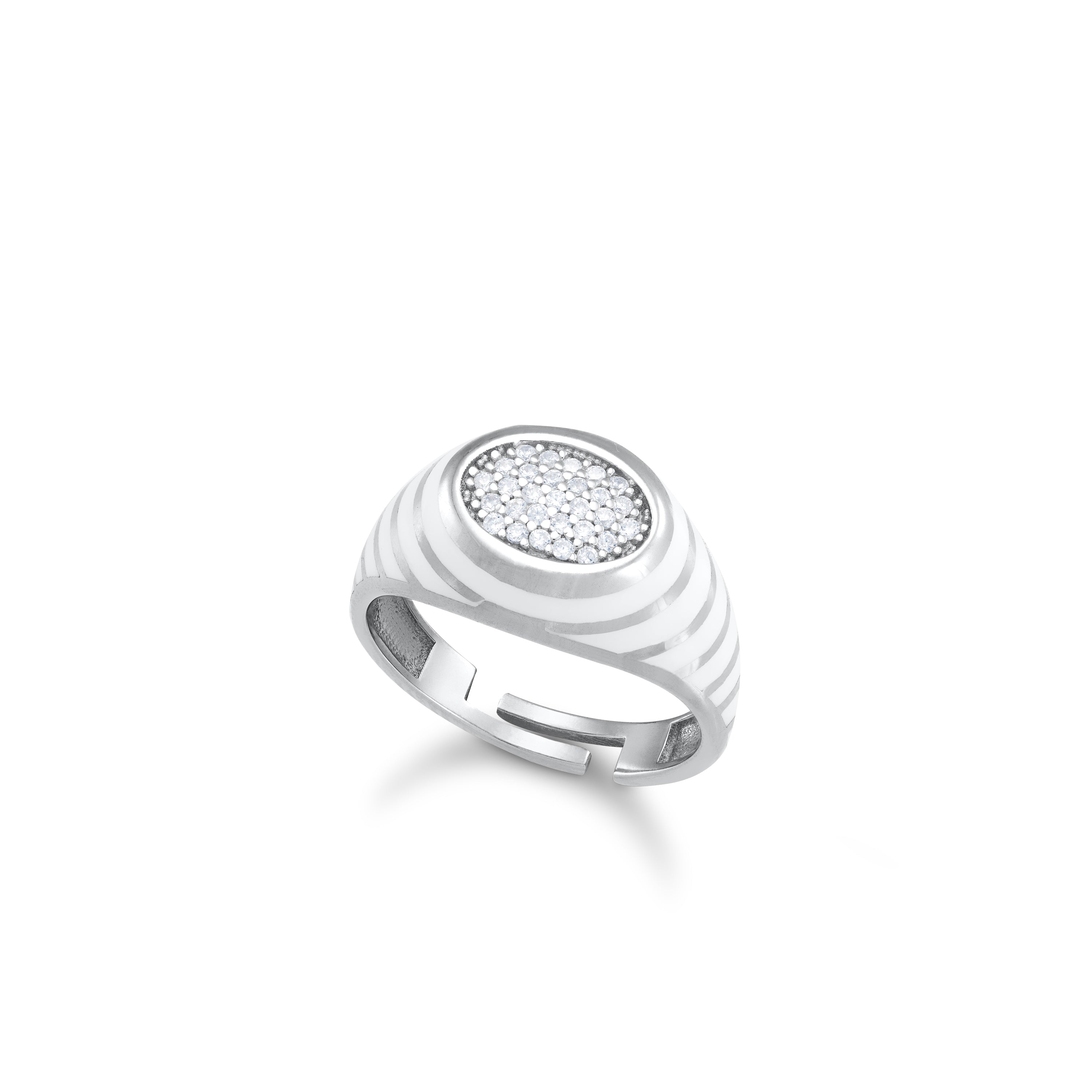 Enamel Round Honeycomb Cubic Zirconia Ring - Silver White