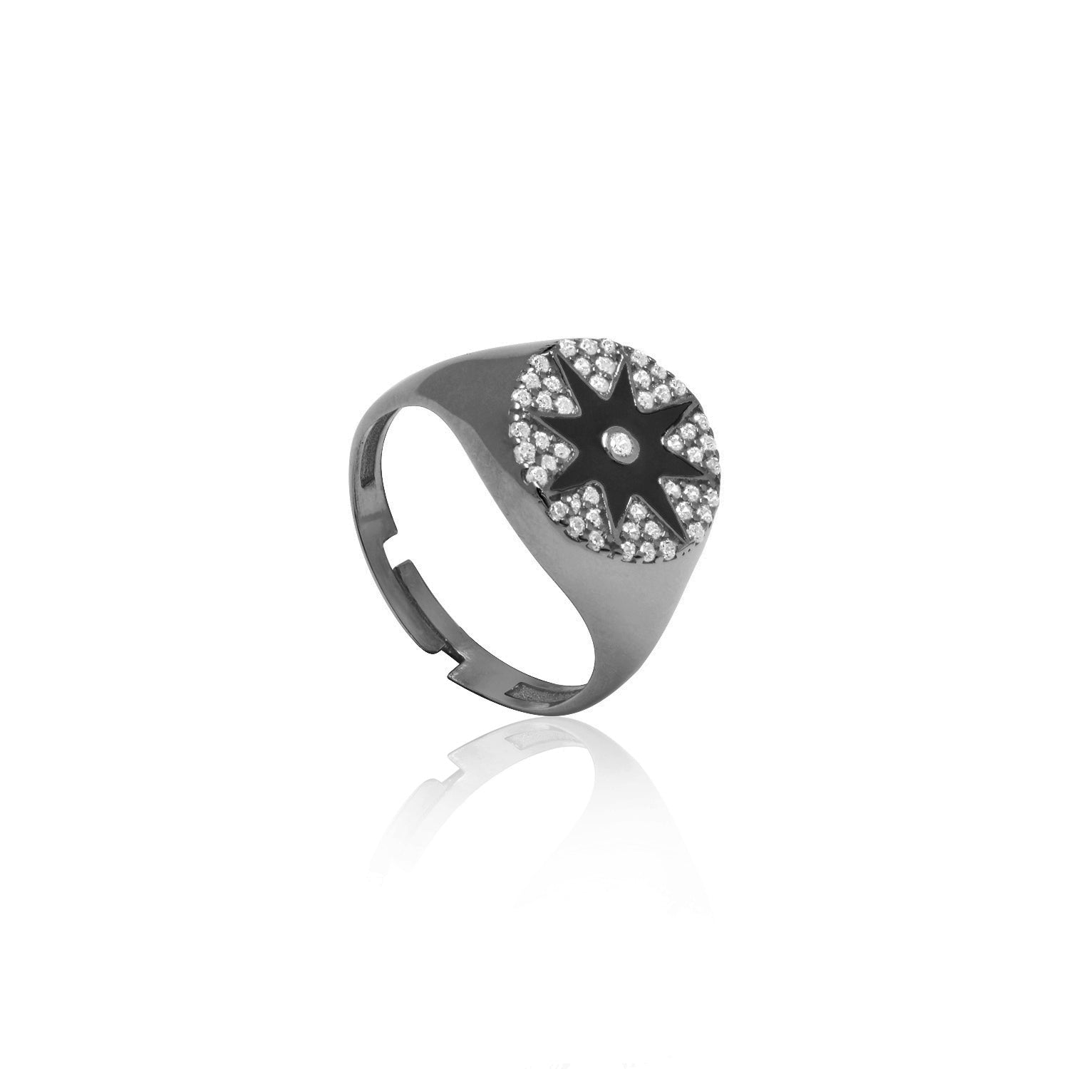 Enamel Starburst Cubic Zirconia Pinky Ring - Black Black