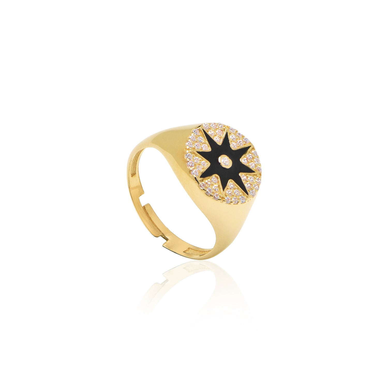 Enamel Starburst Cubic Zirconia Pinky Ring - Gold Black
