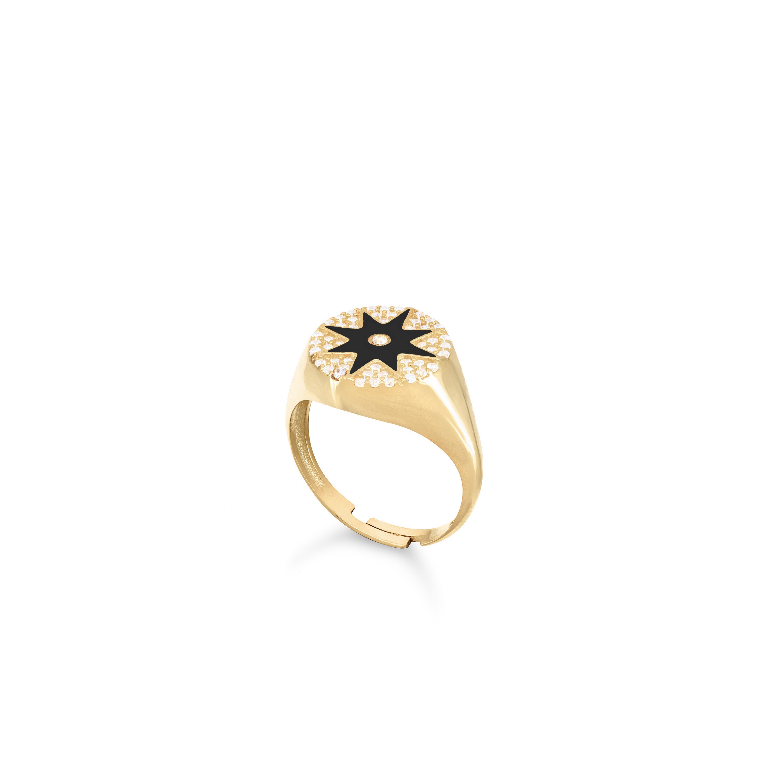Enamel Starburst Cubic Zirconia Pinky Ring - Gold Black