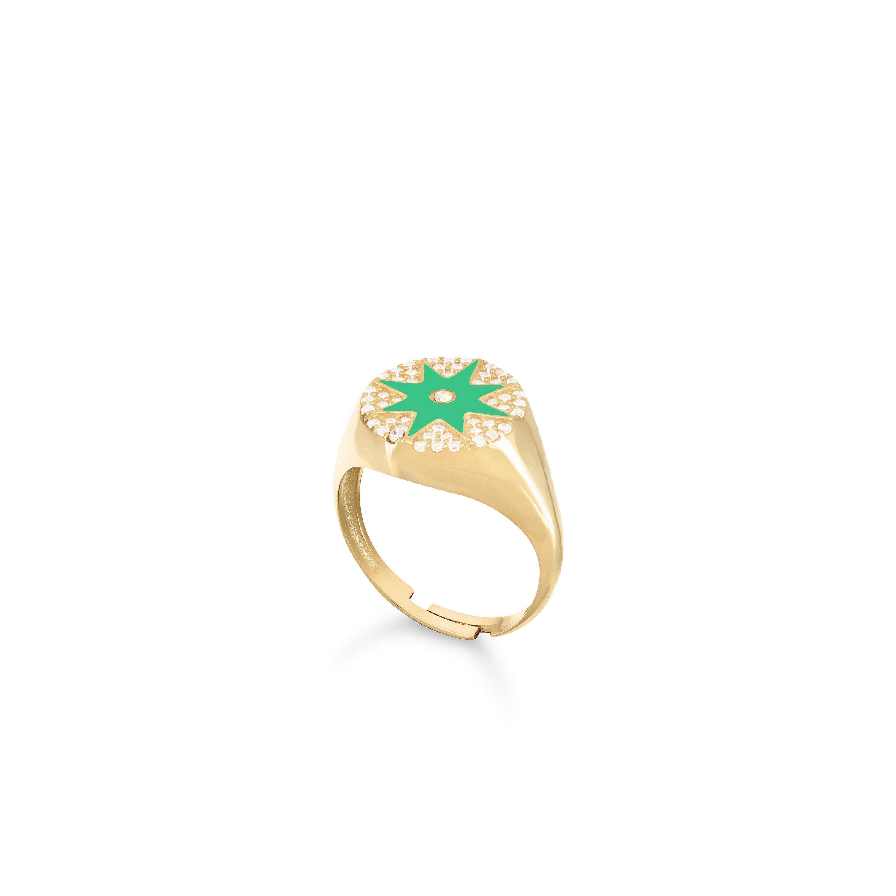 Enamel Starburst Cubic Zirconia Pinky Ring - Gold Green