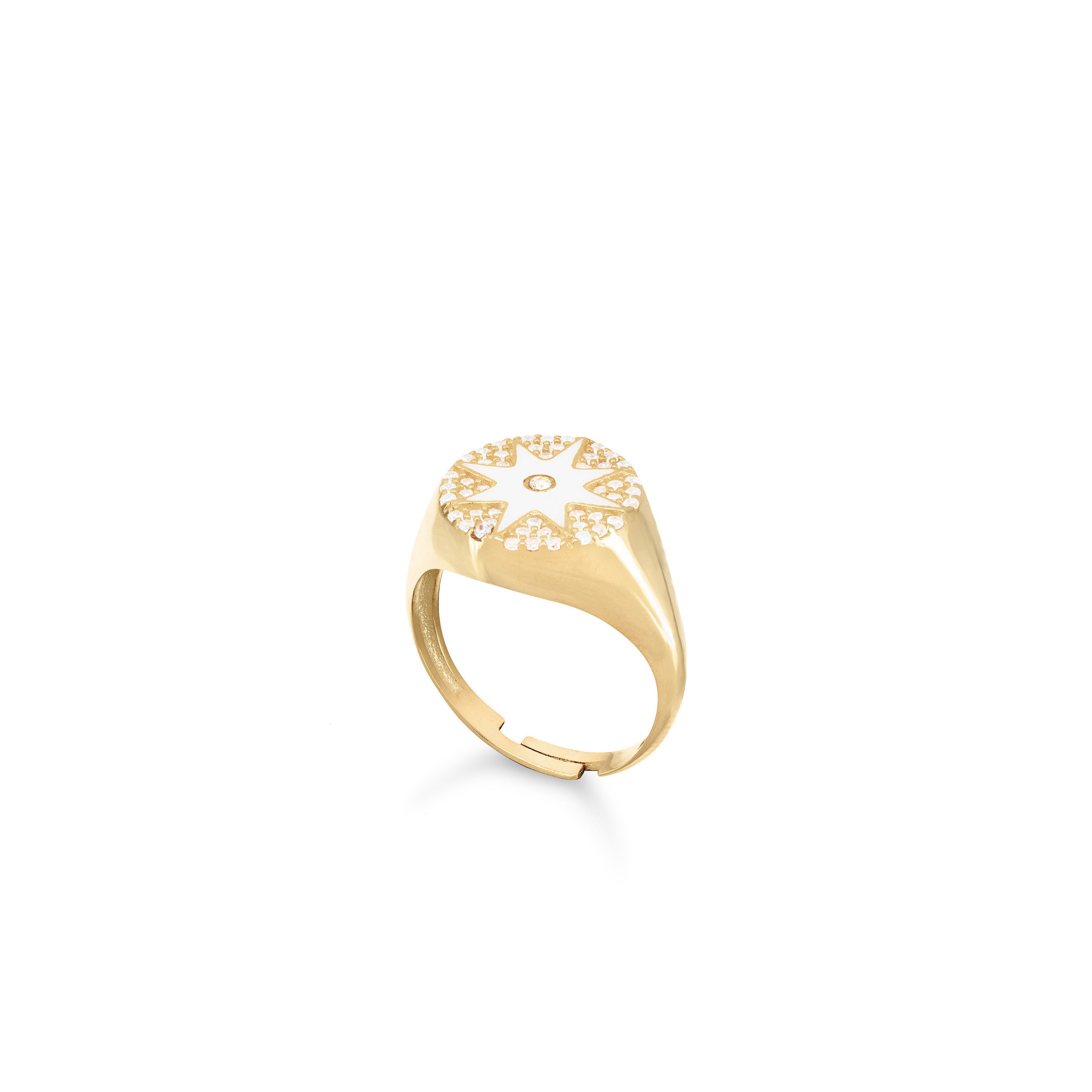 Enamel Starburst Cubic Zirconia Pinky Ring - Gold White