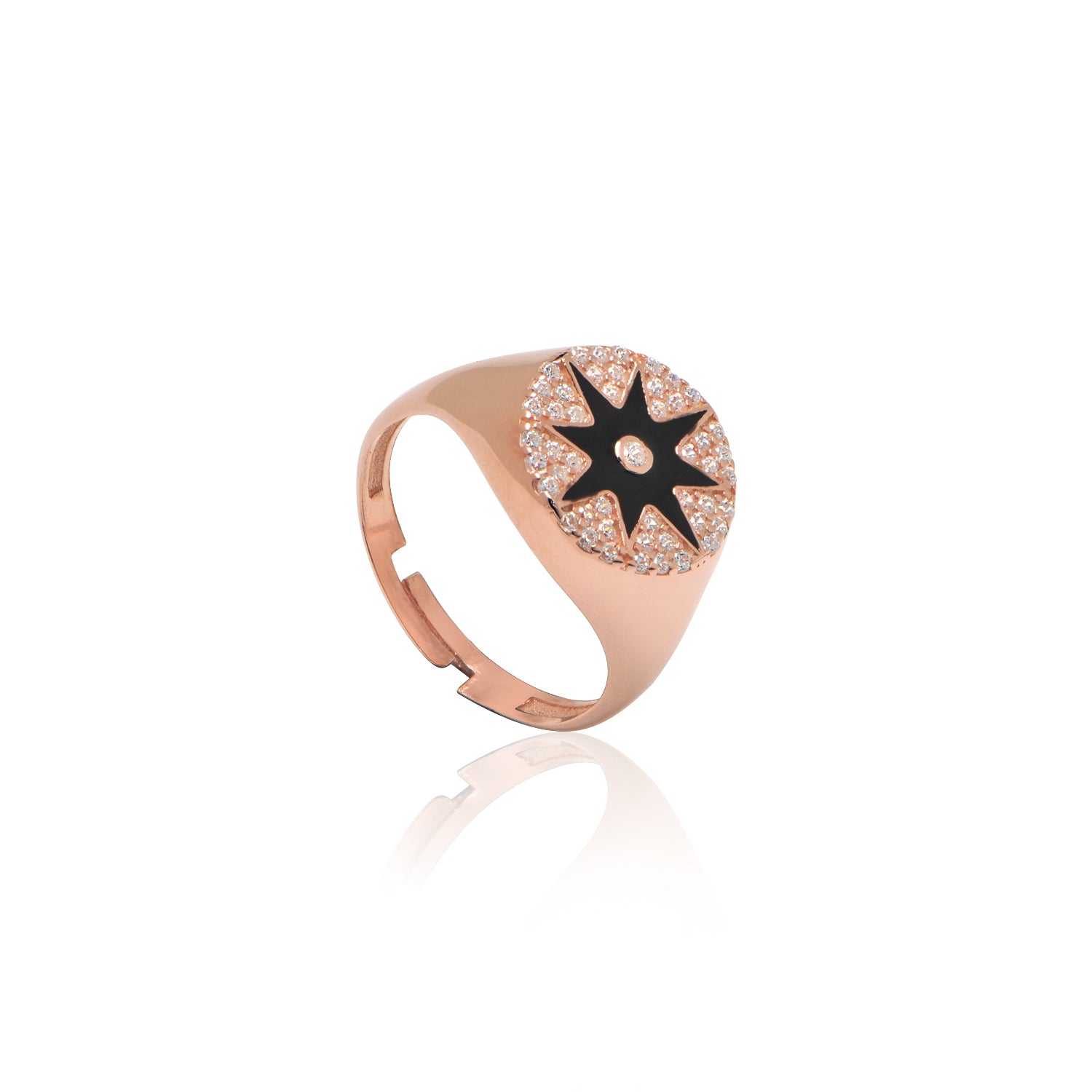 Enamel Starburst Cubic Zirconia Pinky Ring - Rose Gold Black