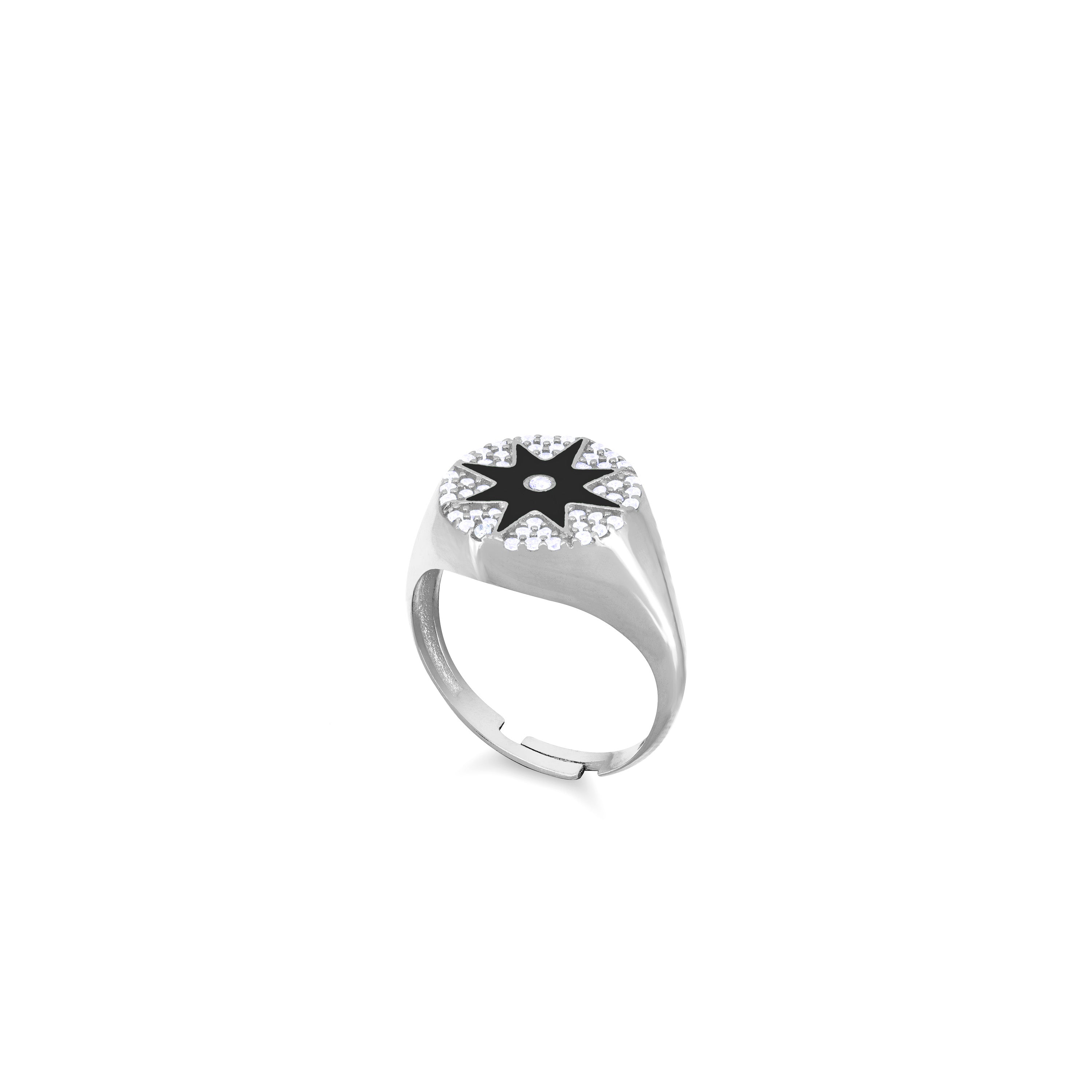 Enamel Starburst Cubic Zirconia Pinky Ring - Silver Black