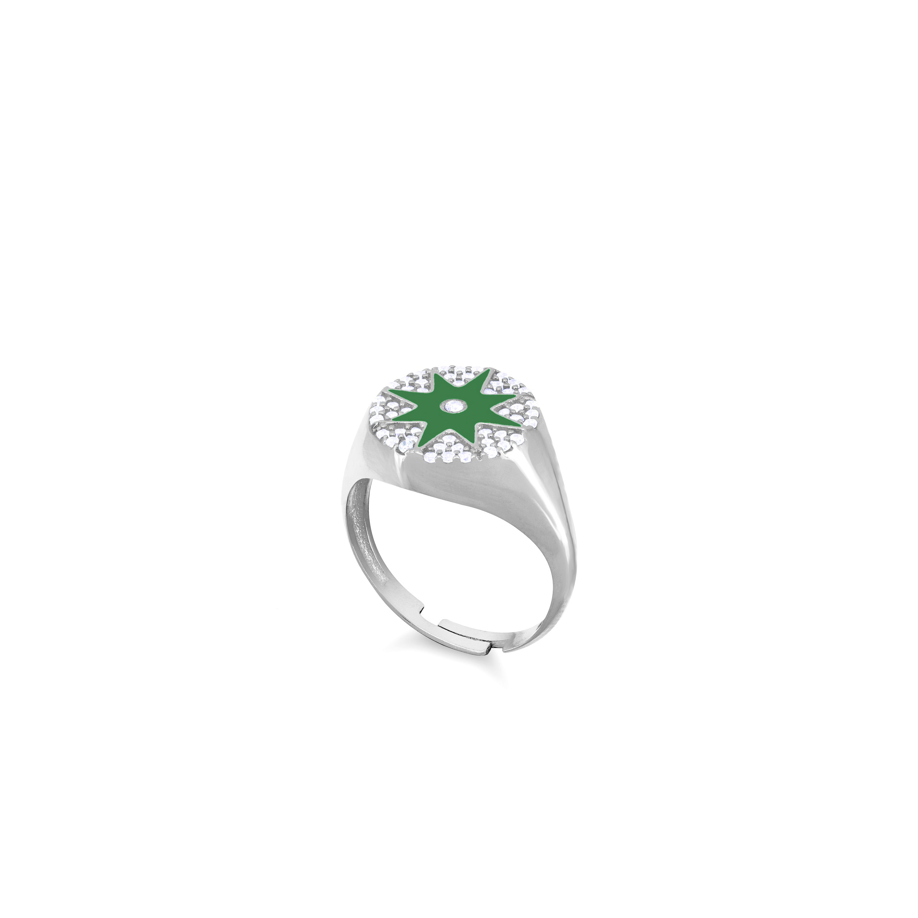 Enamel Starburst Cubic Zirconia Pinky Ring - Silver Dark Green