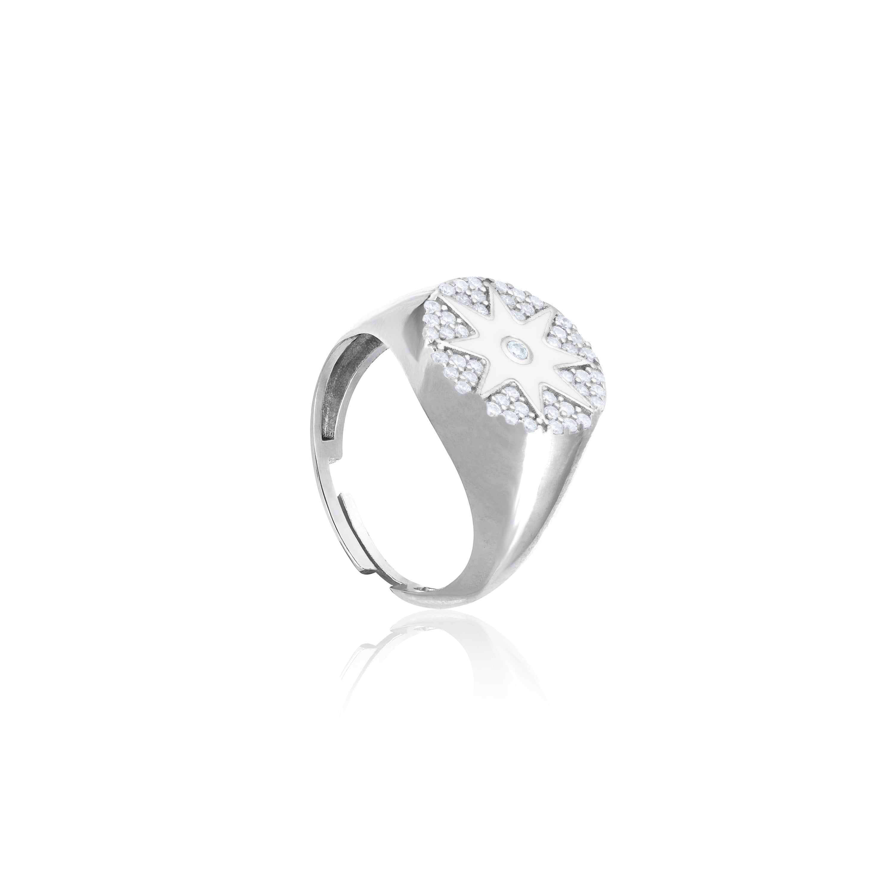 Enamel Starburst Cubic Zirconia Pinky Ring - Silver White