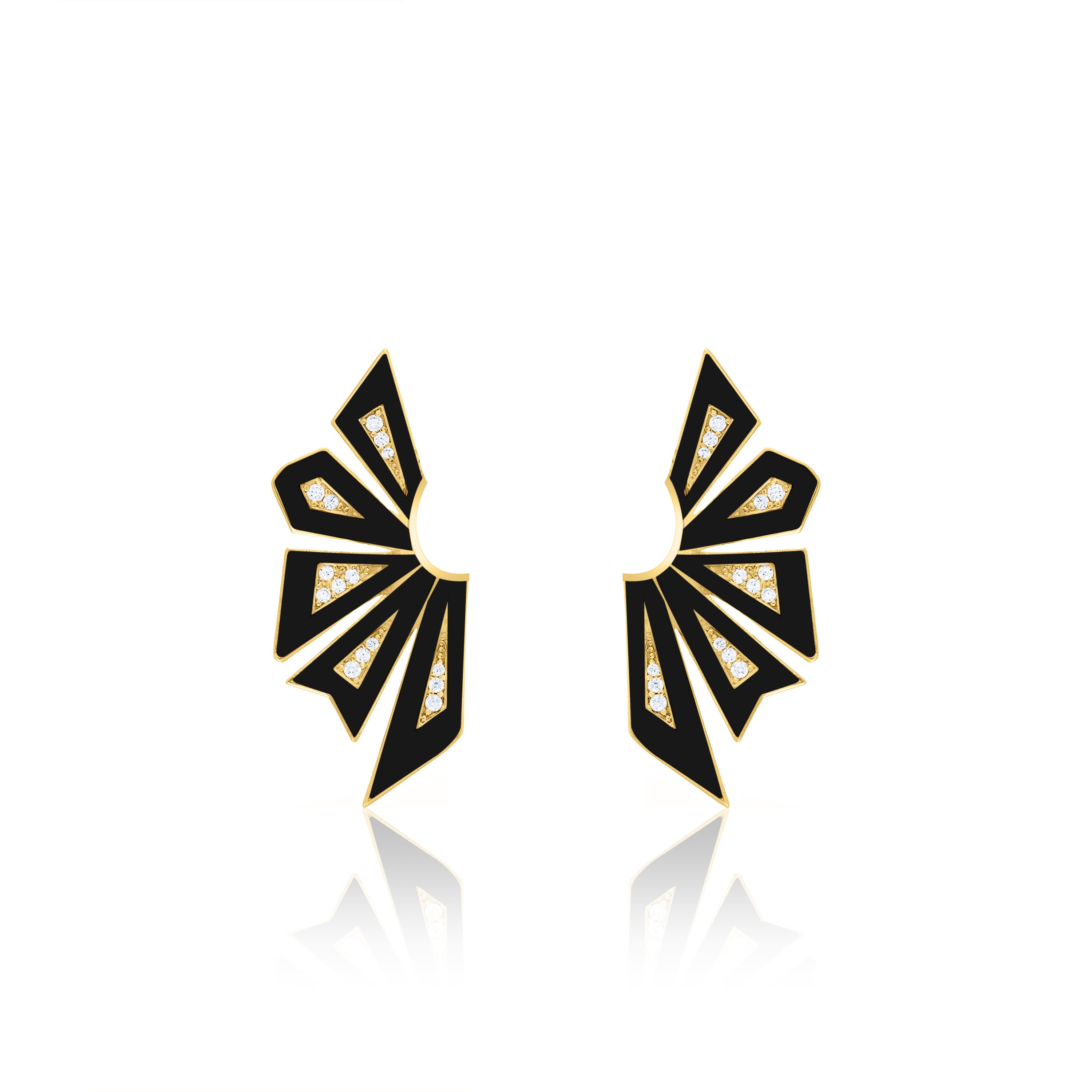 Enamel Half Flower Earrings - Gold Black