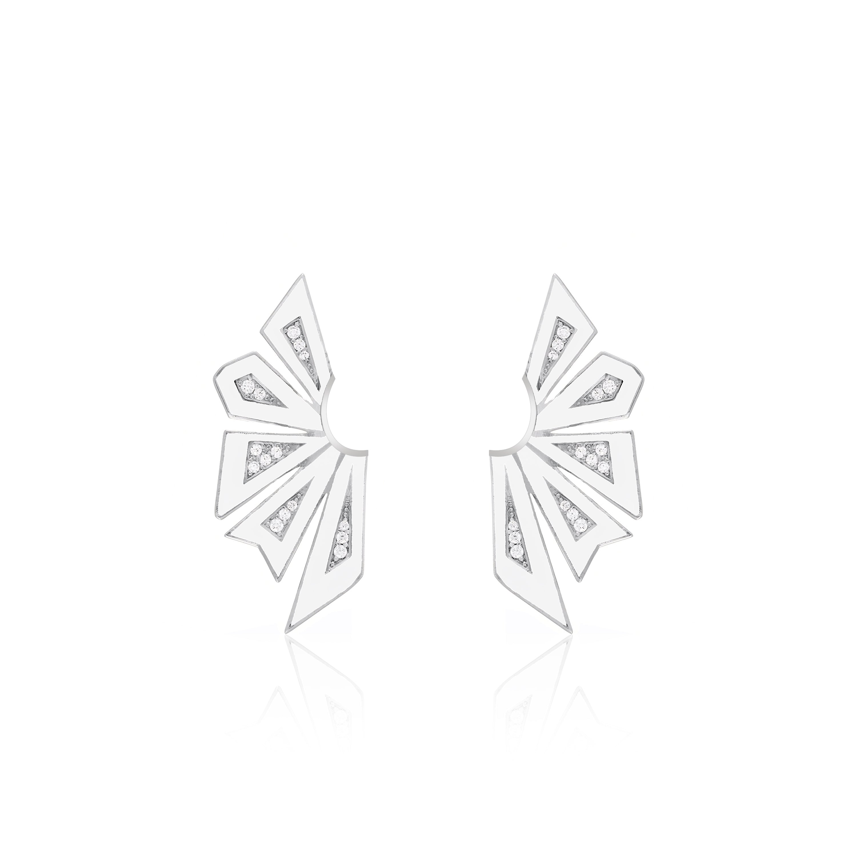 Enamel Half Flower Earrings - Silver White