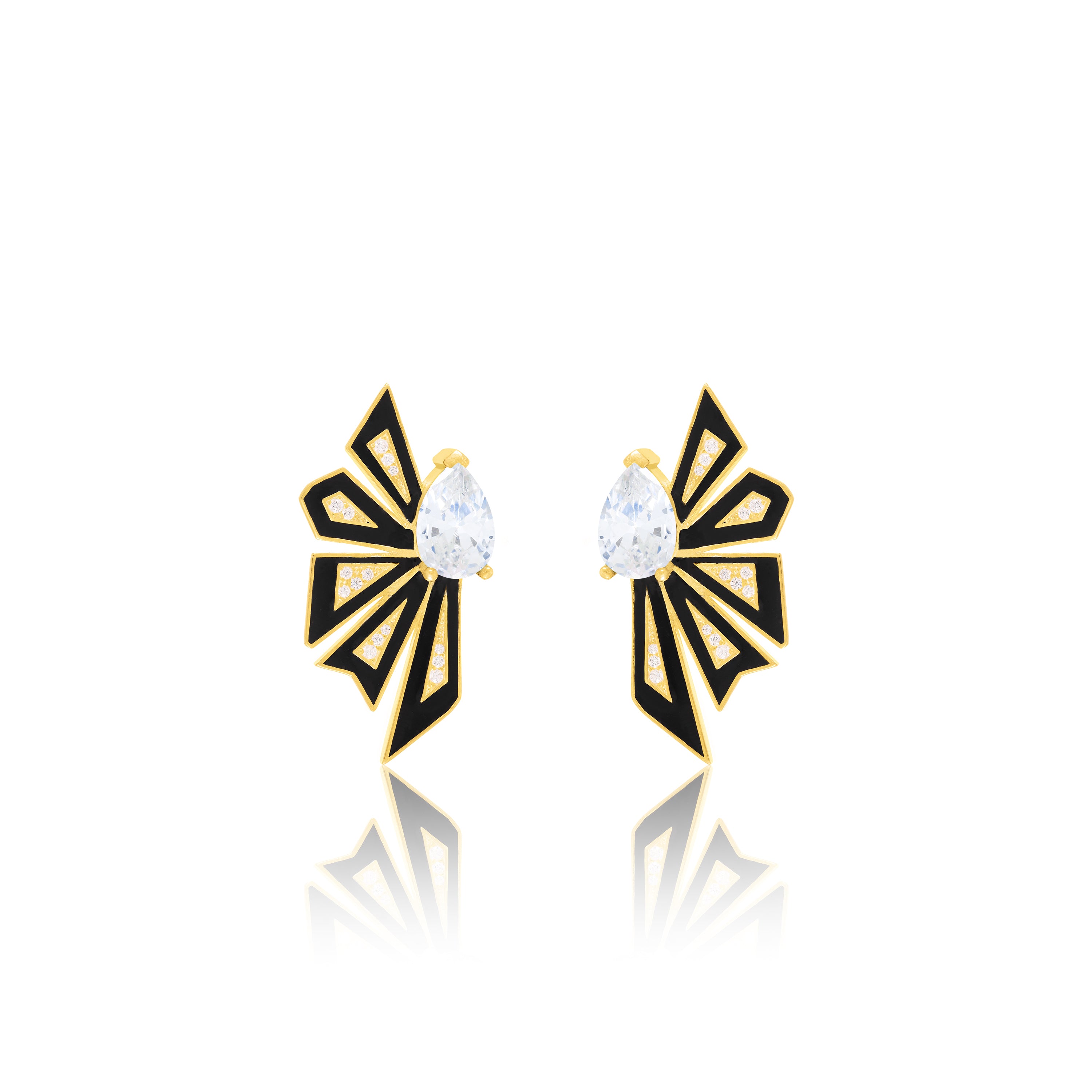 Enamel Half Flower With One Big Teardrop Earrings - Gold White