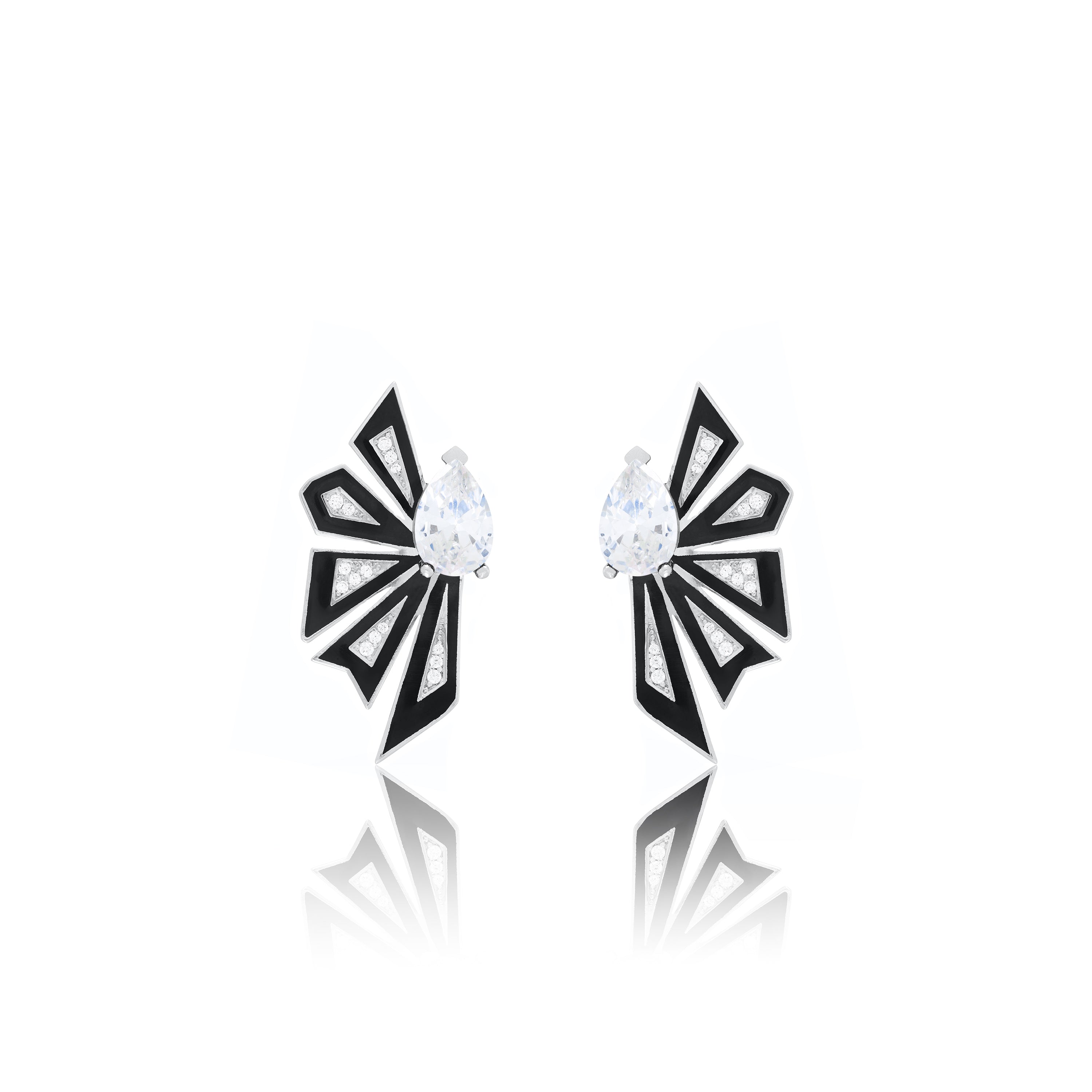 Enamel Half Flower With One Big Teardrop Earrings - Silver White