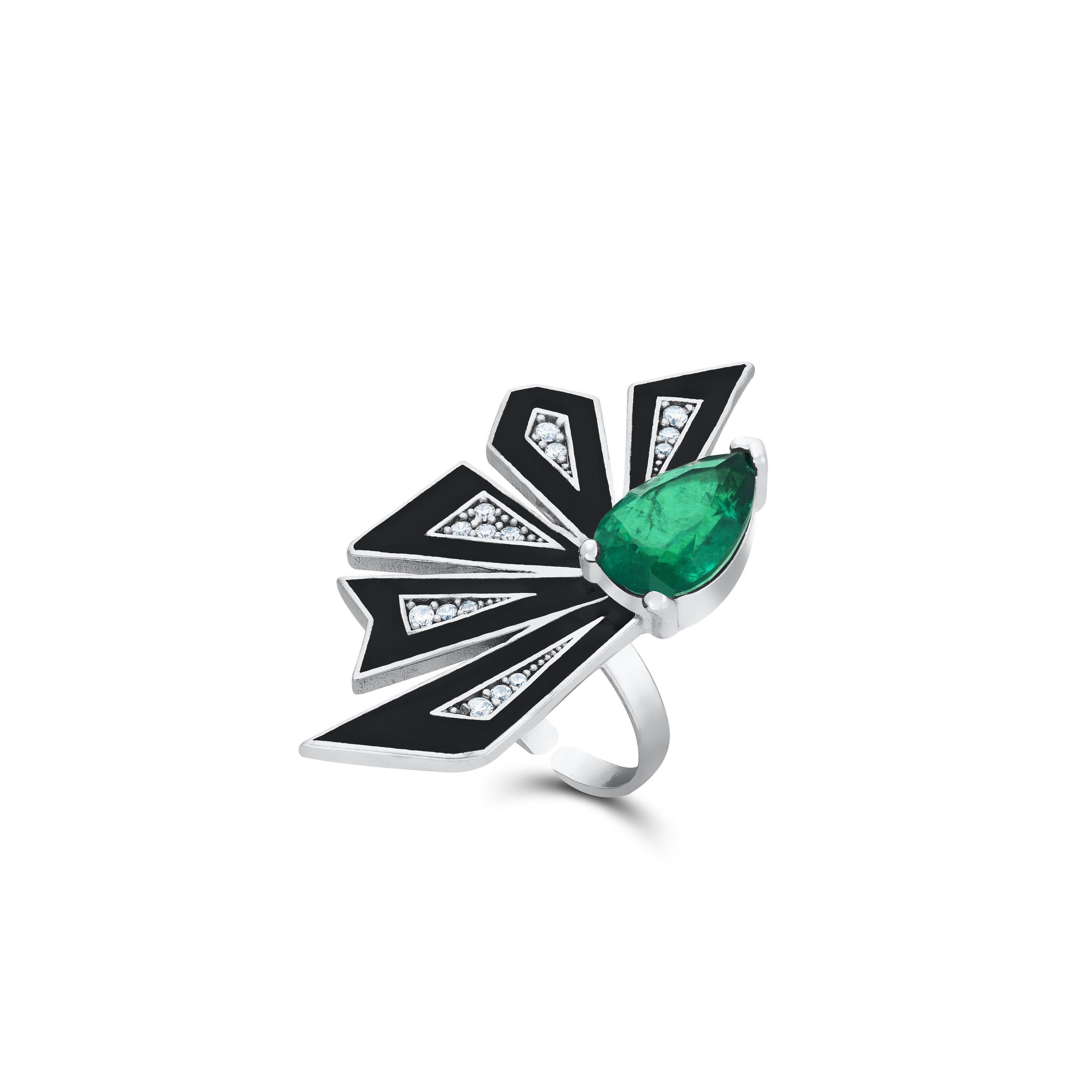 Enamel Half Flower With One Big Teardrop Ring - Silver Green And White