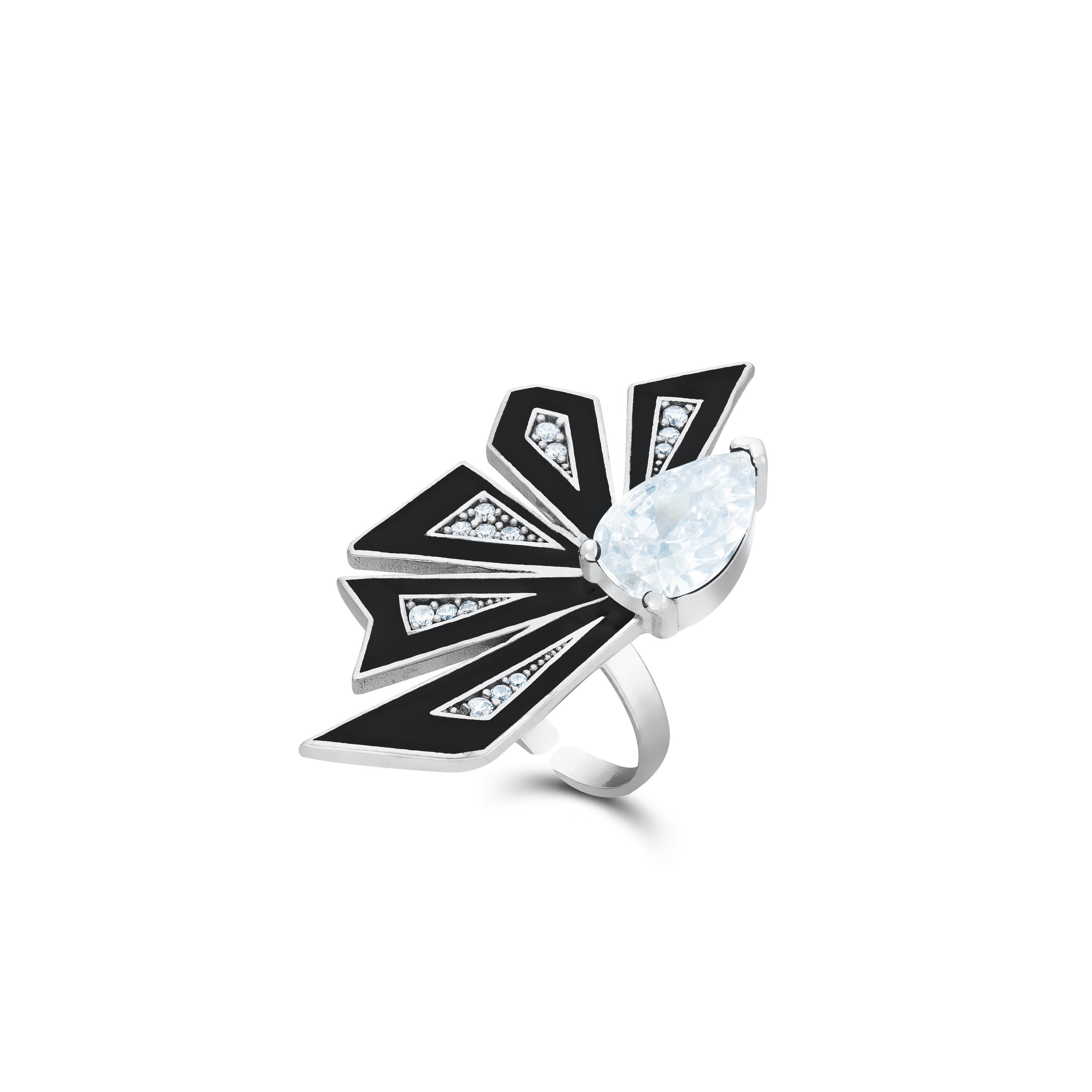 Enamel Half Flower With One Big Teardrop Ring - Silver White