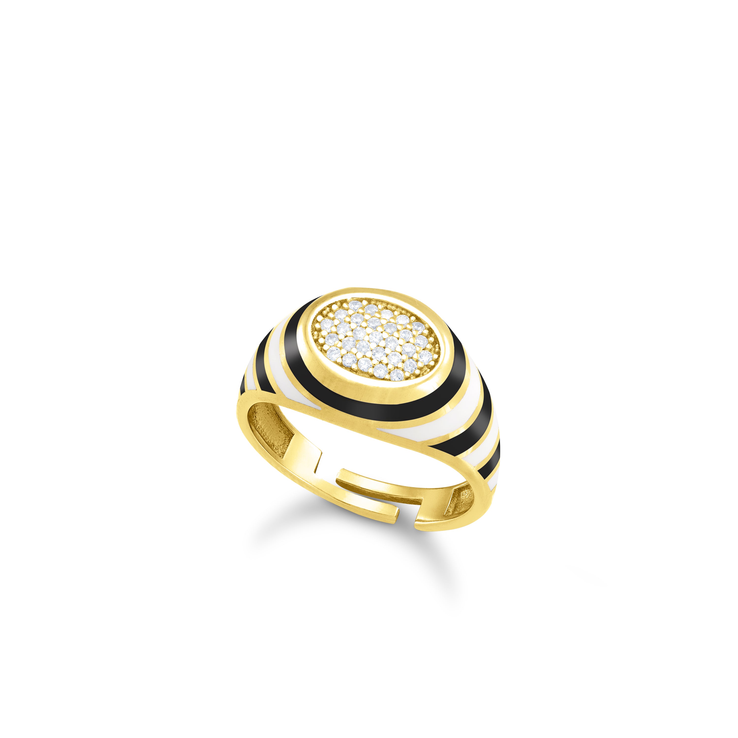 Enamel Round Honeycomb Cubic Zirconia Ring - Gold Black And White