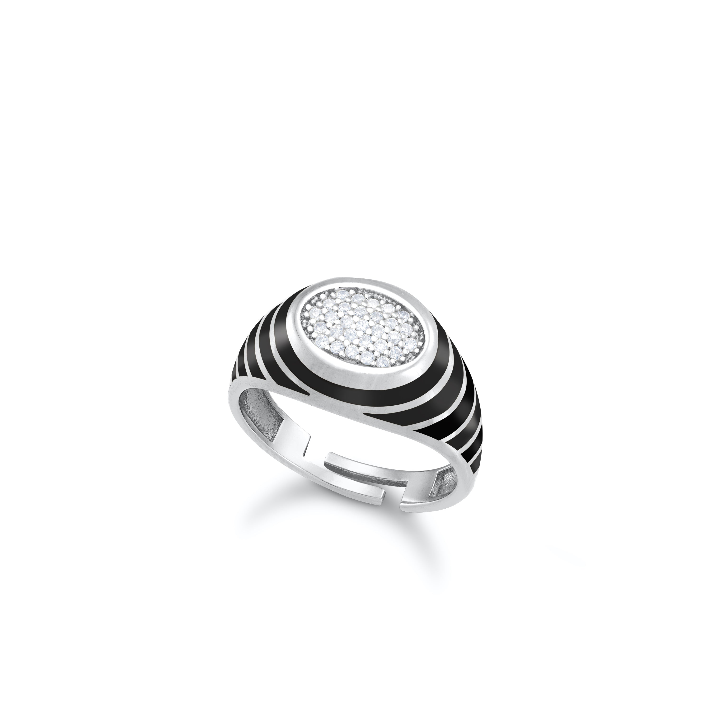 Enamel Round Honeycomb Cubic Zirconia Ring - Silver Black