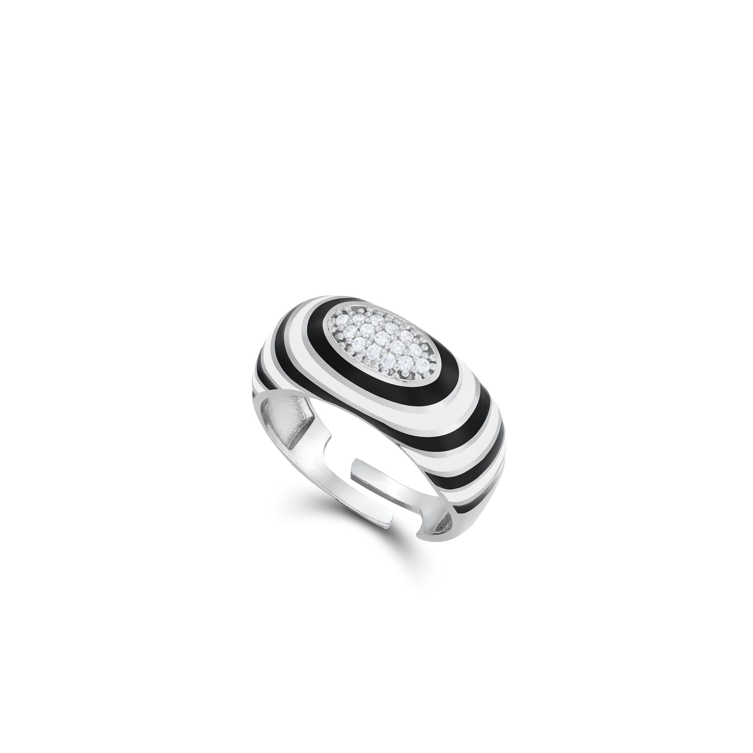 Enamel Round Honeycomb Cubic Zirconia Ring - Silver Black And White