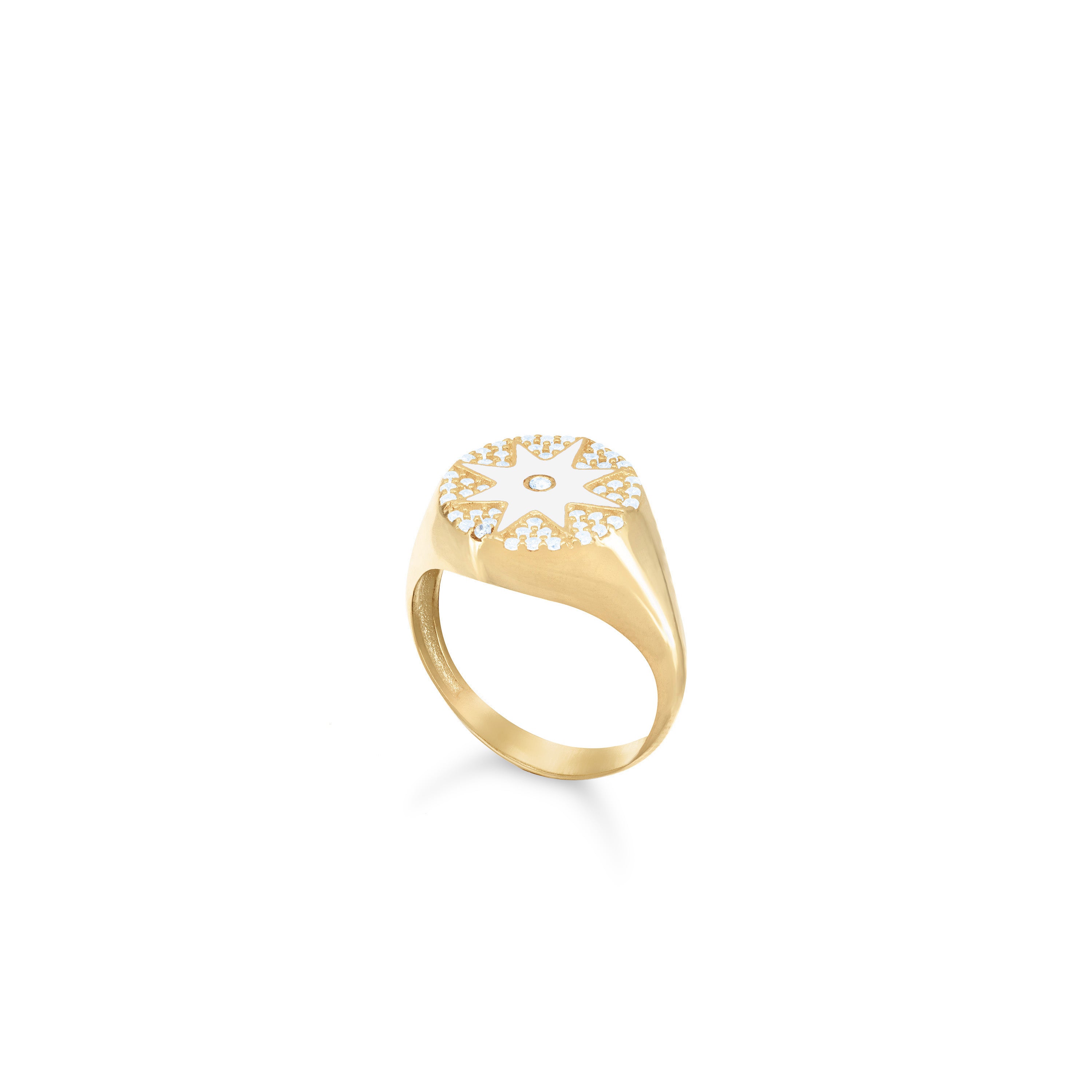 Enamel Starburst Cubic Zirconia Pinky Ring - Gold White