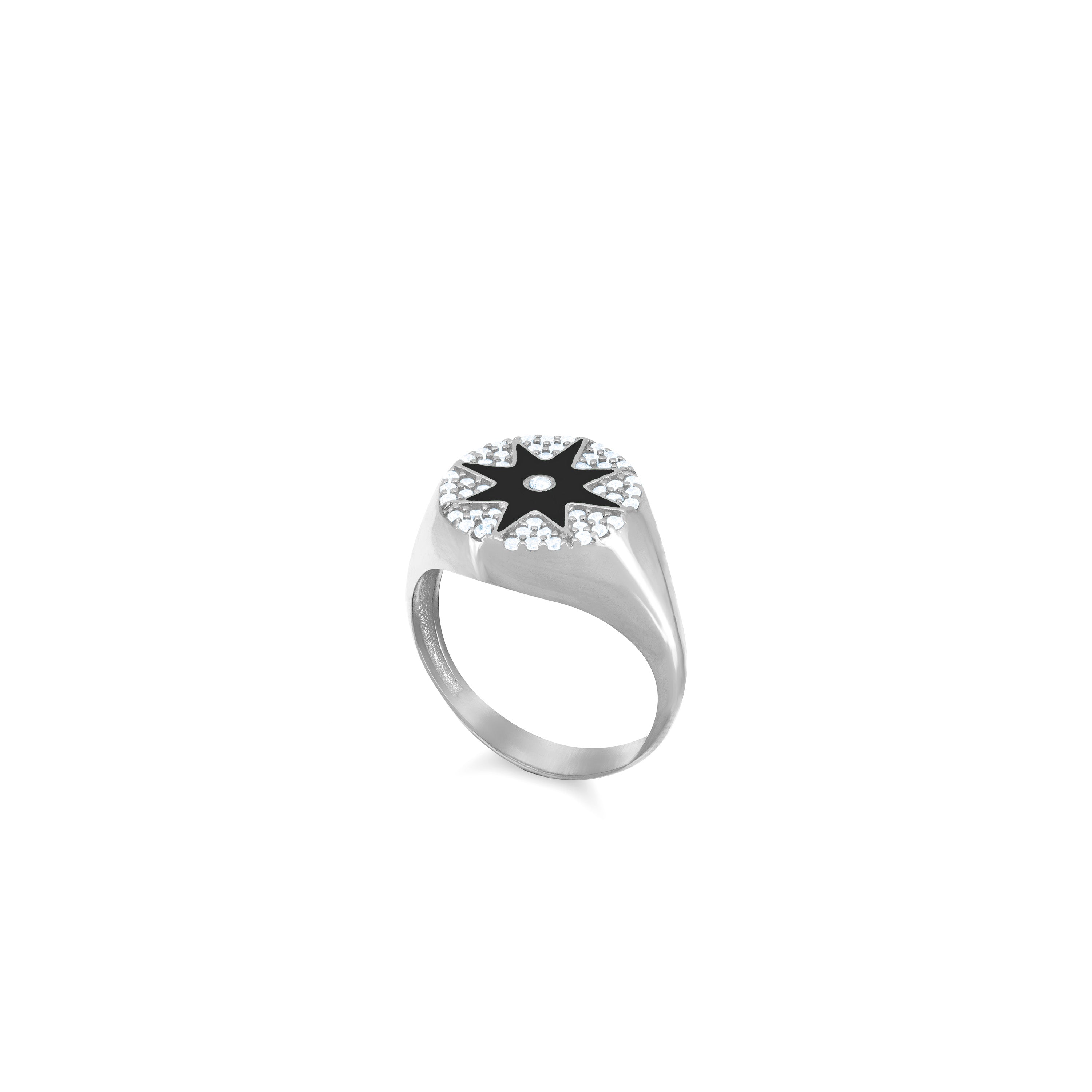 Enamel Starburst Cubic Zirconia Pinky Ring - Silver Black