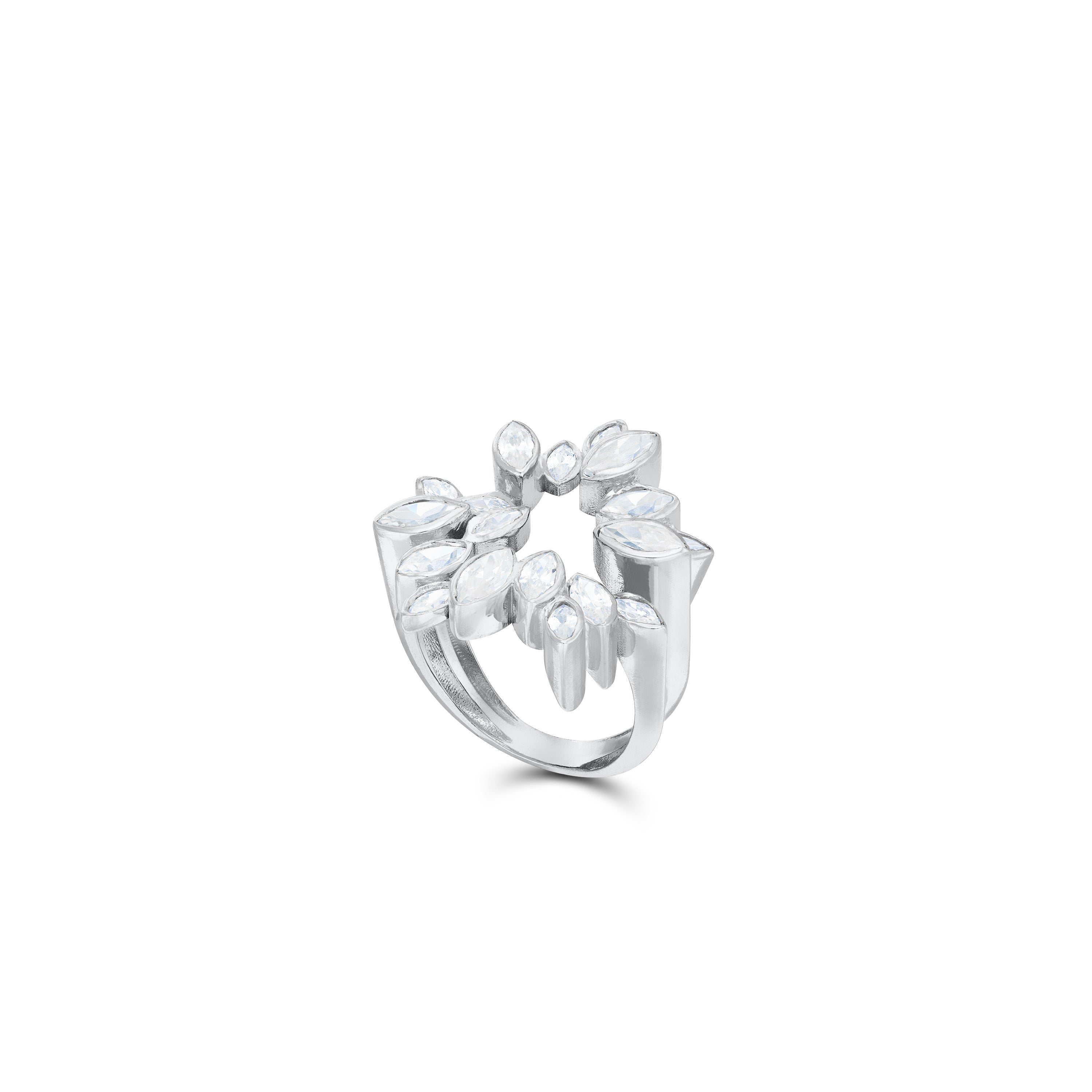 Floral Burst Marquise Cz Ring - Silver White