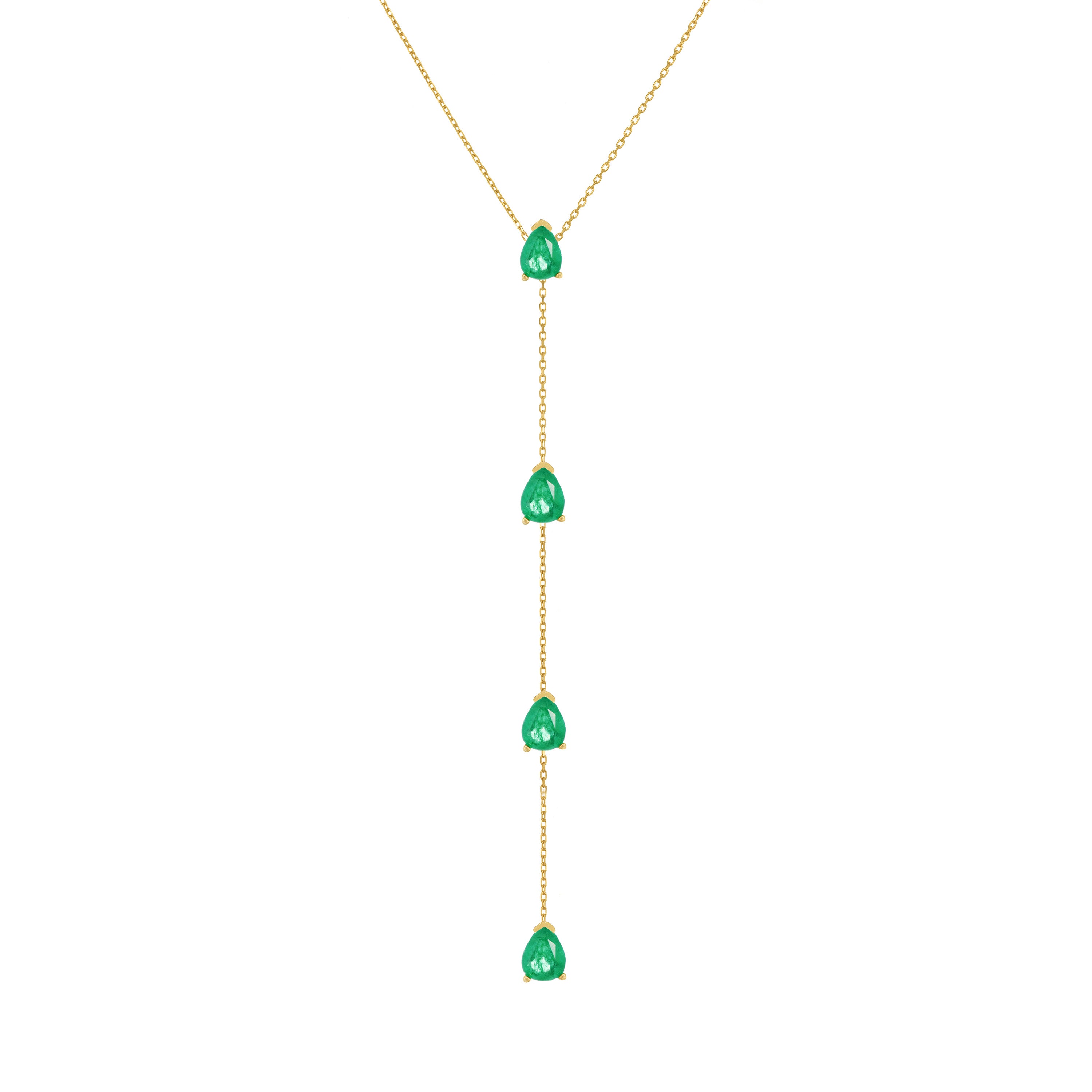 Four Teardrops Lariat Necklace - Gold Green Matt