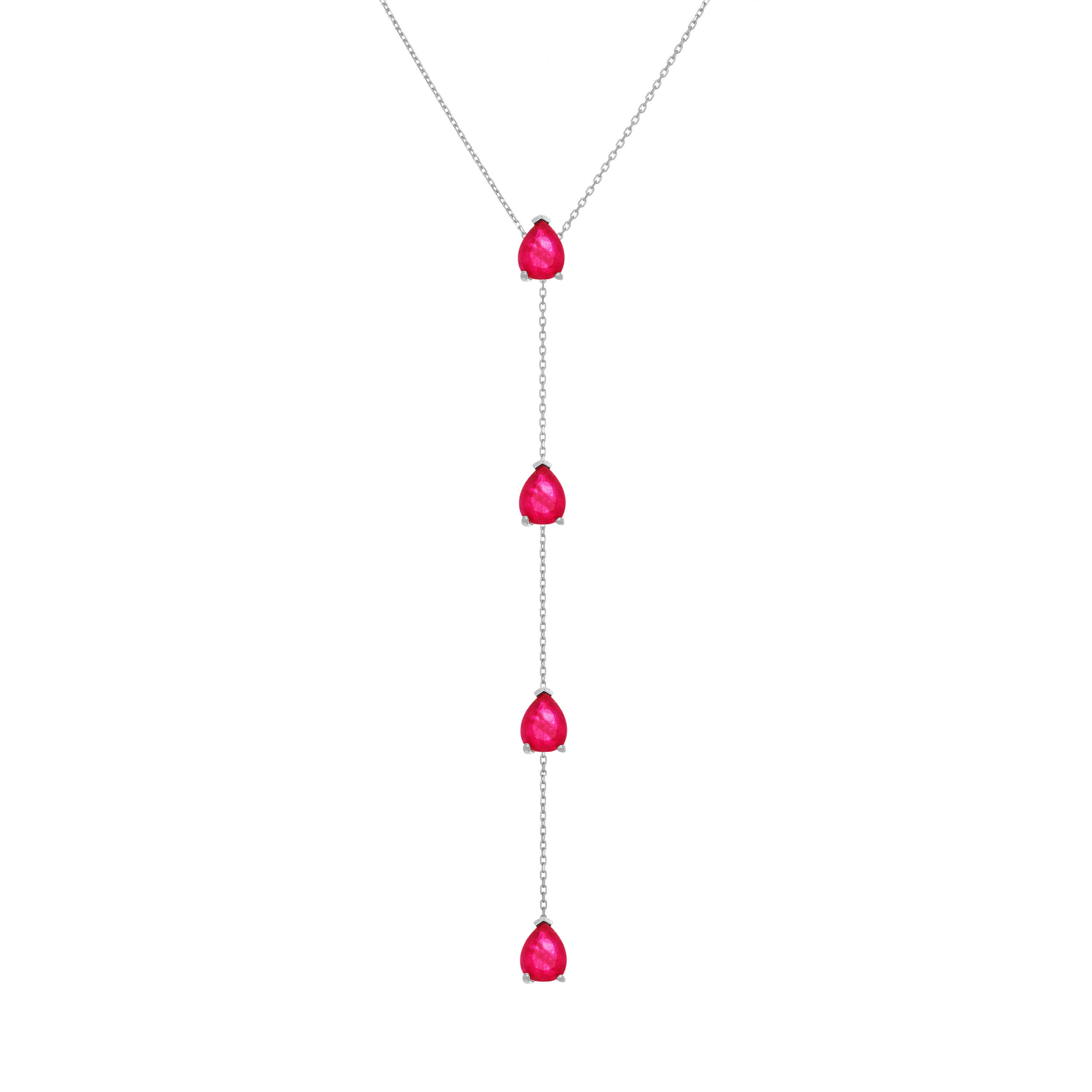 Four Teardrops Lariat Necklace - Silver Fuchsia Matt