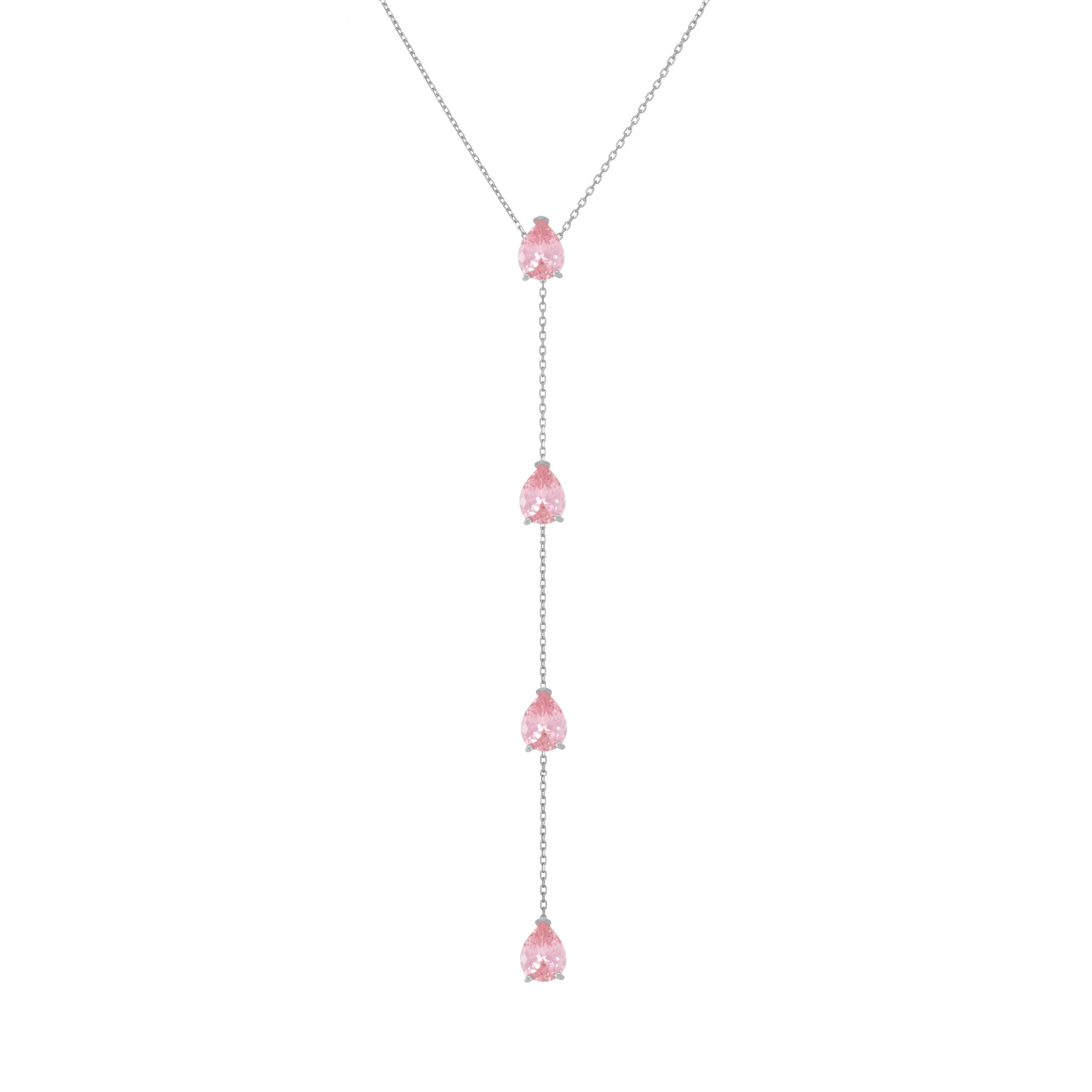 Four Teardrops Lariat Necklace - Silver Light Pink