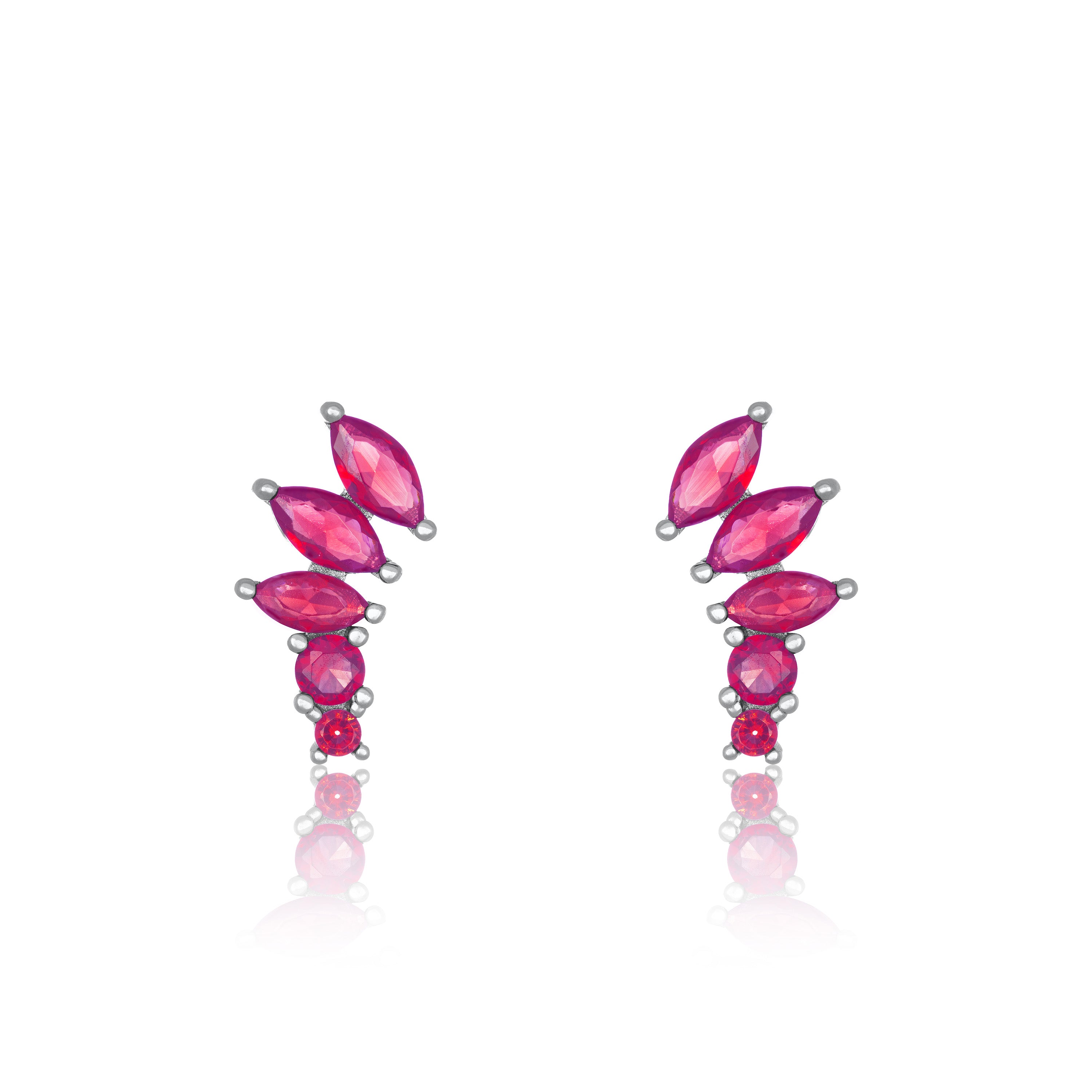 Graduated Marquise Shape Curved Stud Earrings - Silver Fuchsia