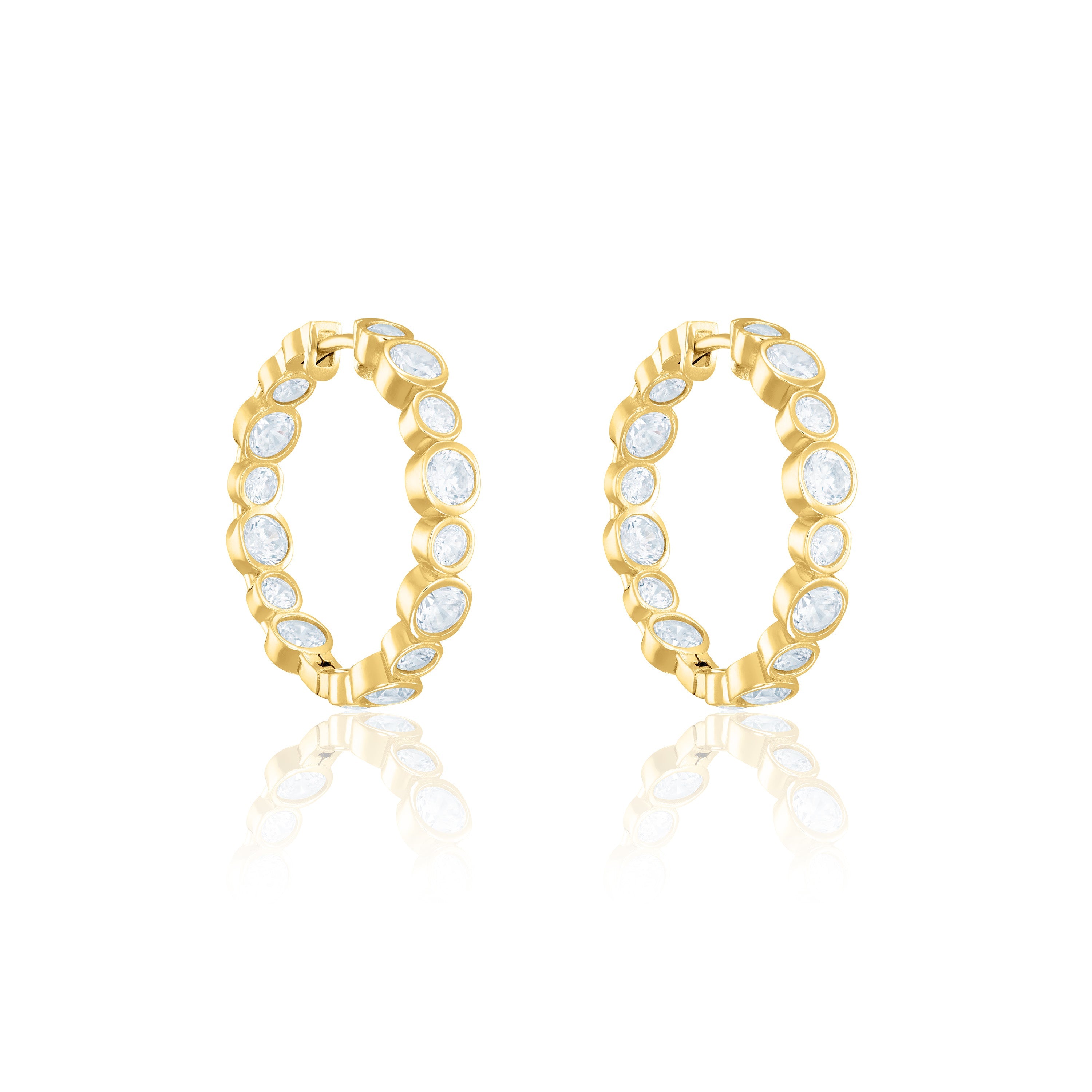 Graduated Round Bezel Cz Hoops Earrings - Gold White - Big