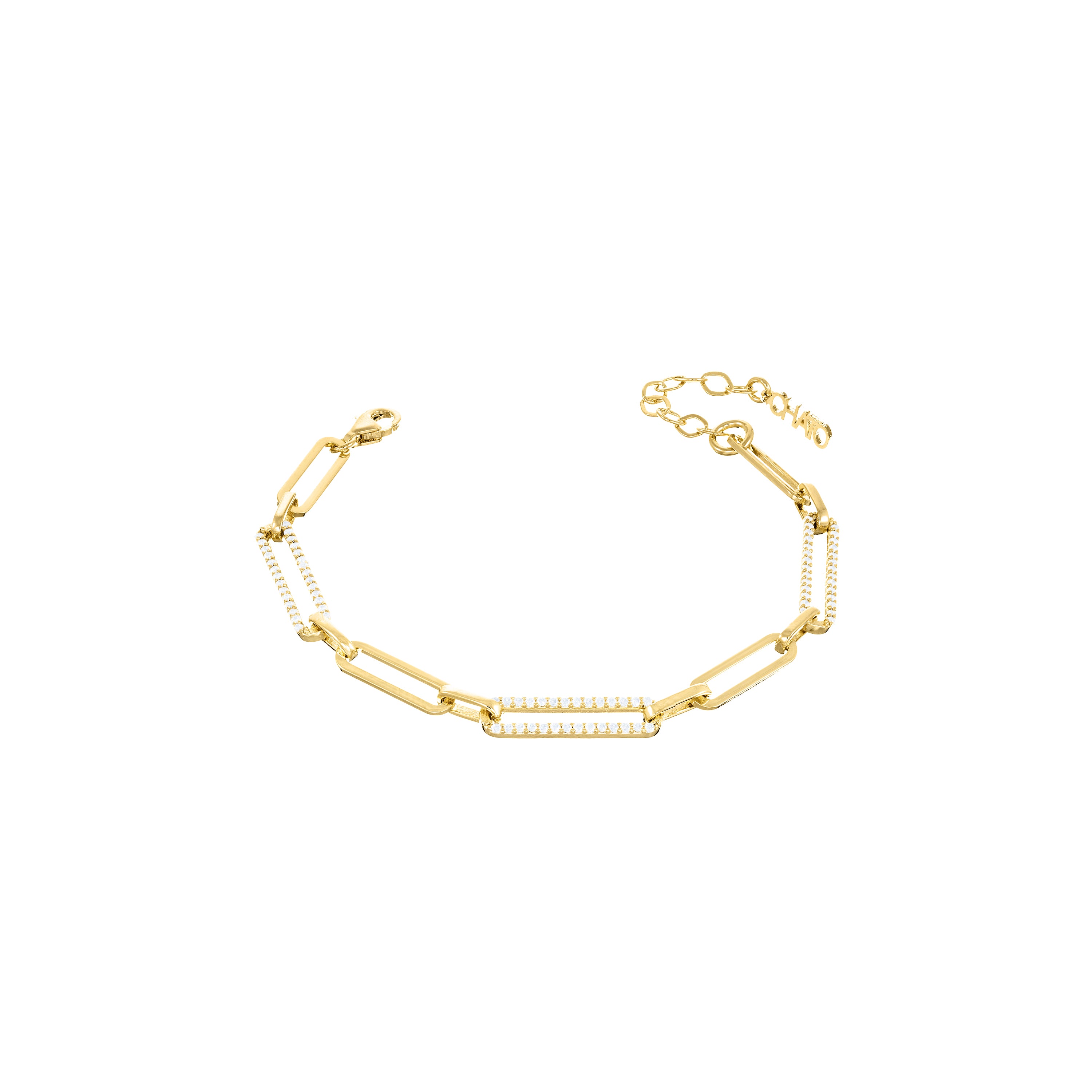 Half Cubic Zirconia Pave Paperclip Chain Link Bracelet - Gold White