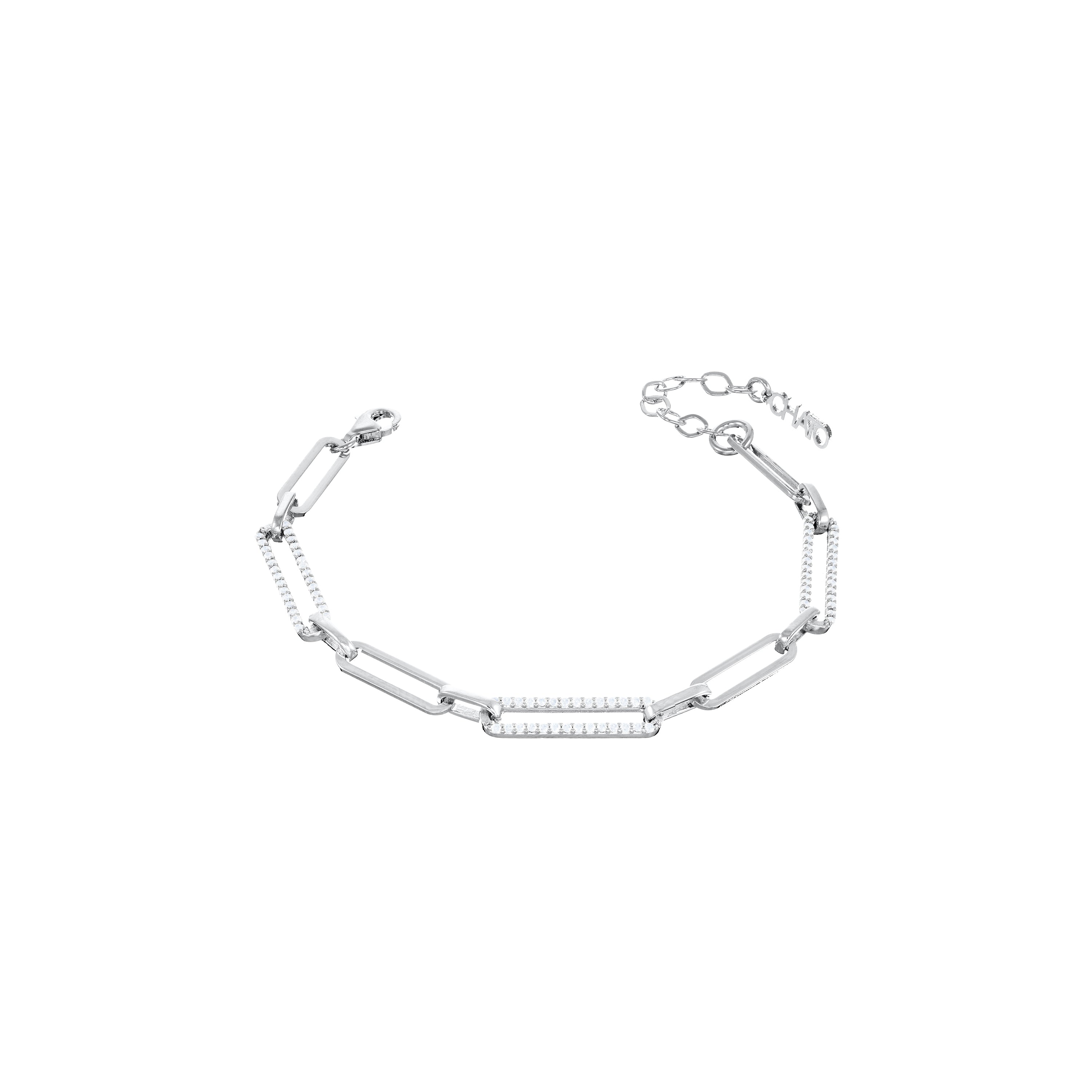 Half Cubic Zirconia Pave Paperclip Chain Link Bracelet - Silver White