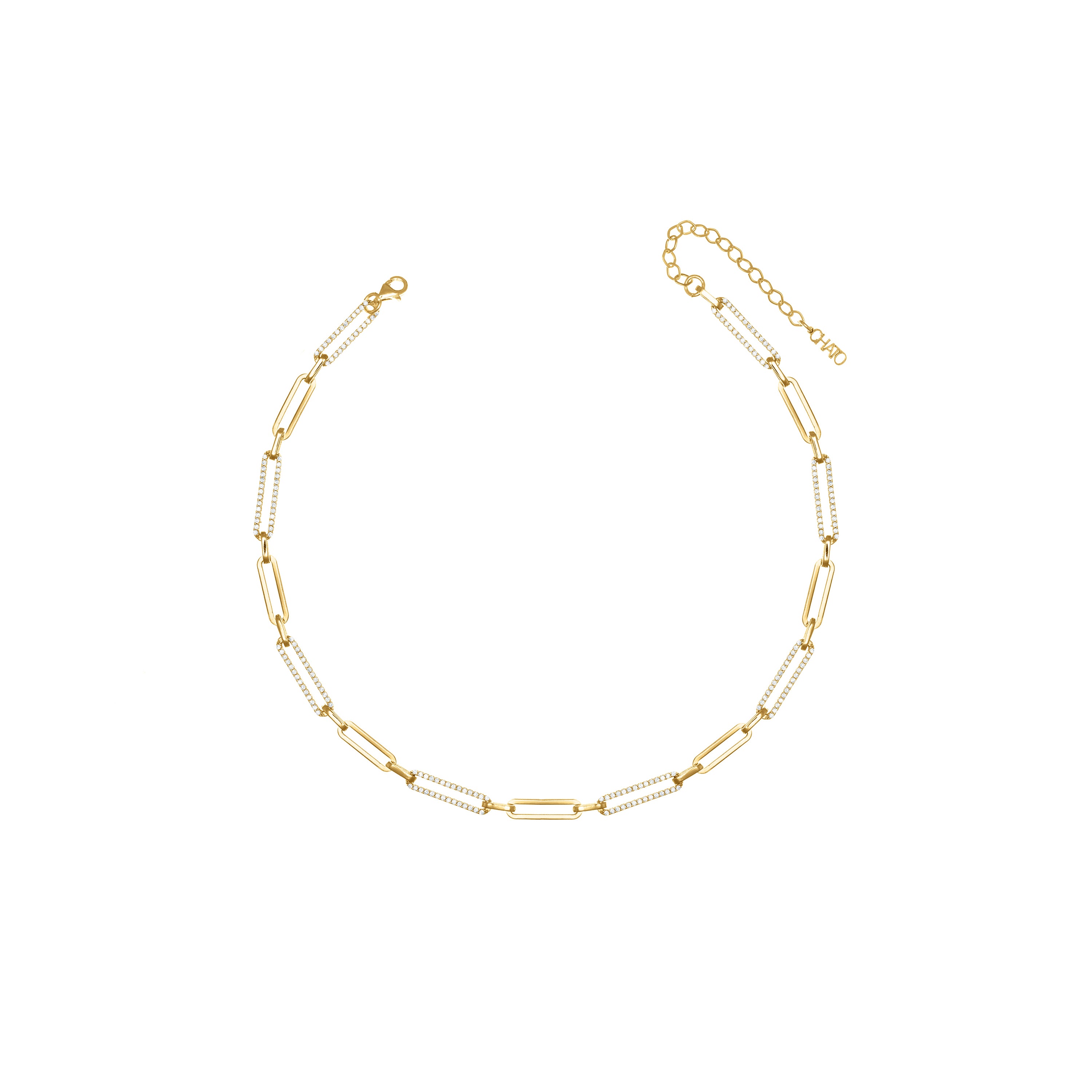 Half Cubic Zirconia Pave Paperclip Chain Link Choker - Gold White