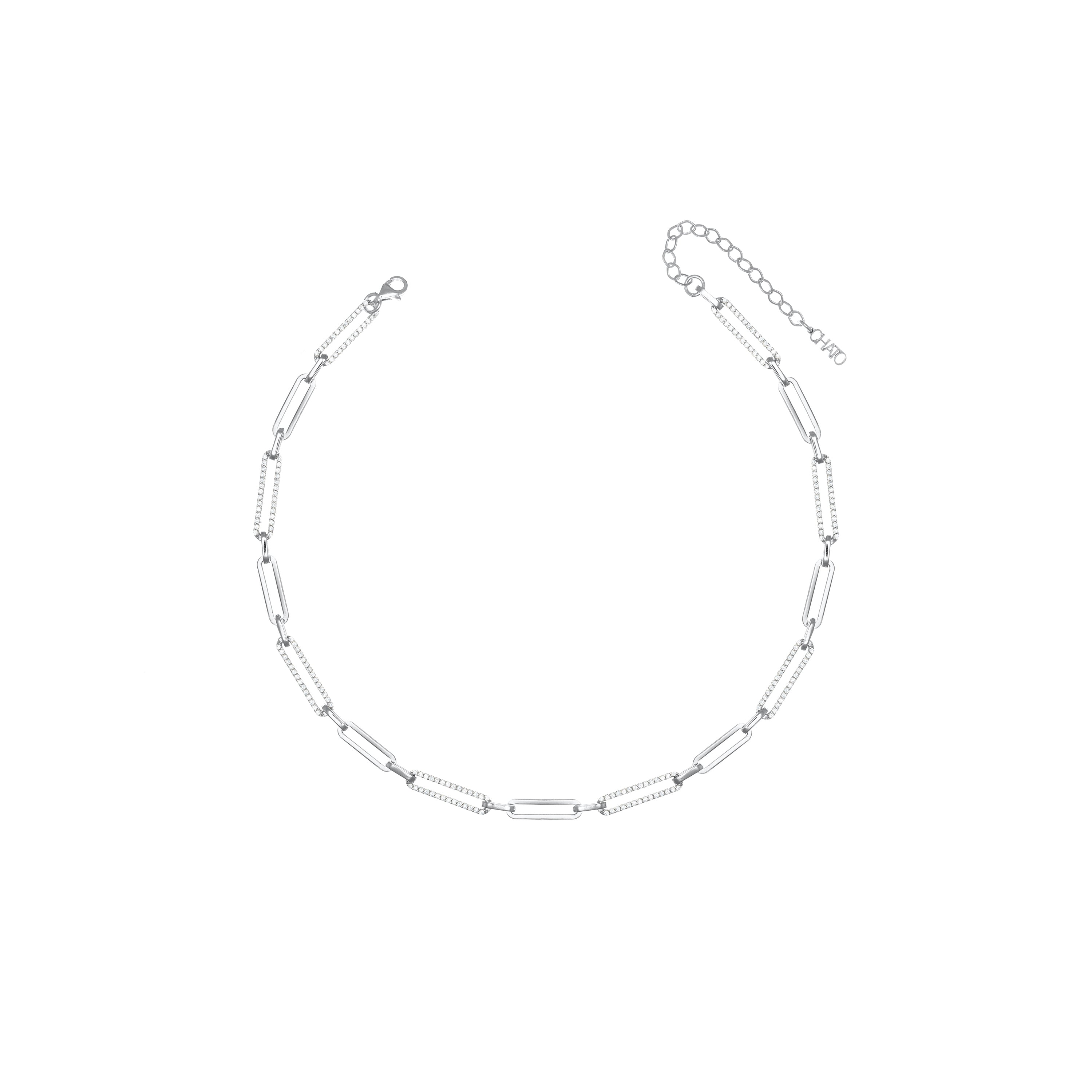 Half Cubic Zirconia Pave Paperclip Chain Link Choker - Silver White