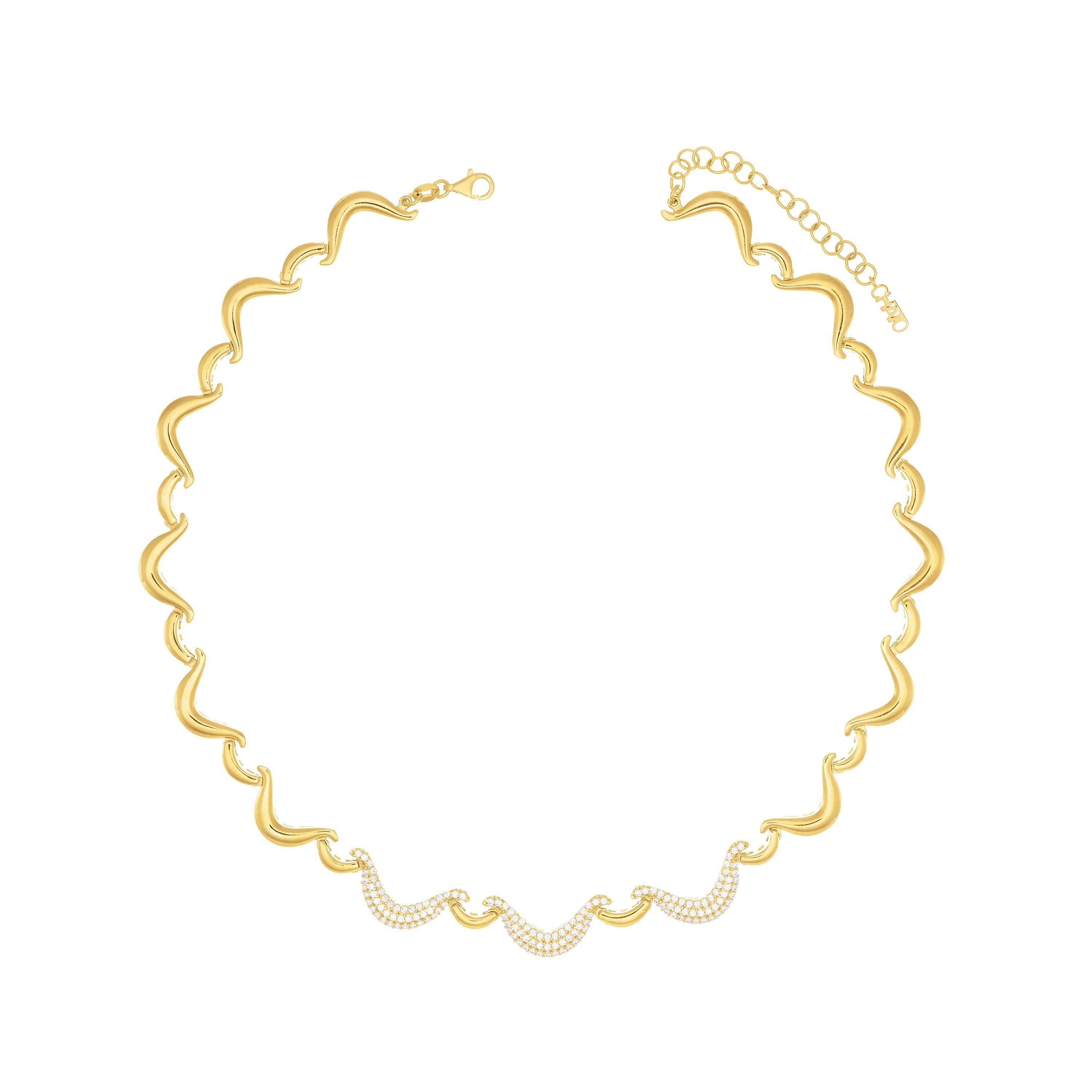 Half Pave CZ Wave Link Necklace - Gold White