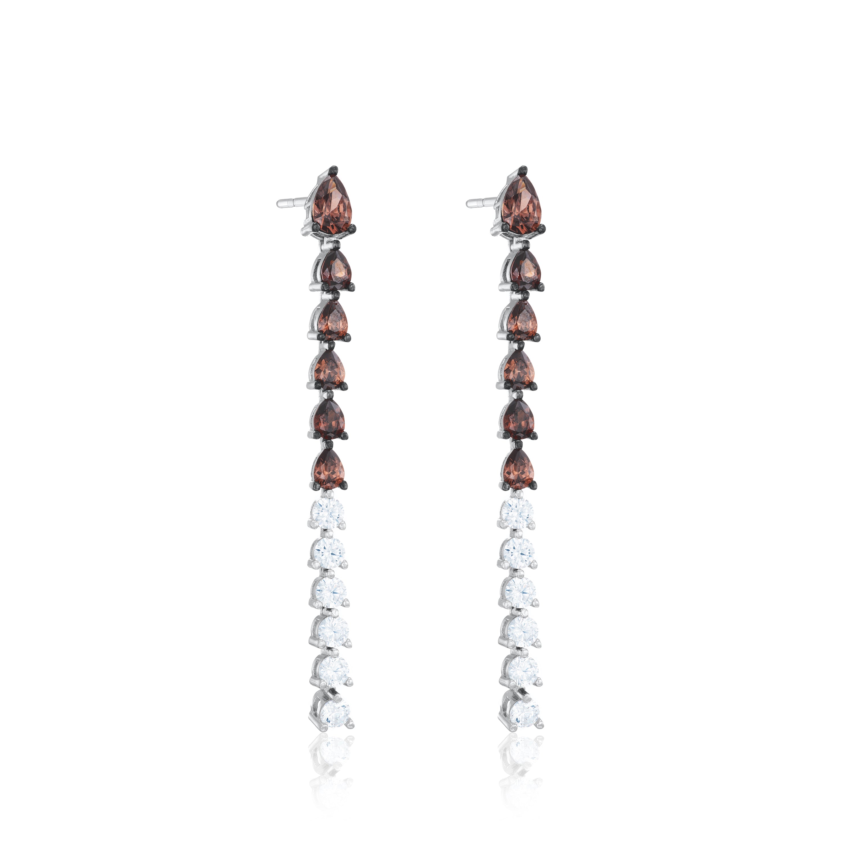 Half CZ Half Teardrop Drop Earrings - Silver Brown And White