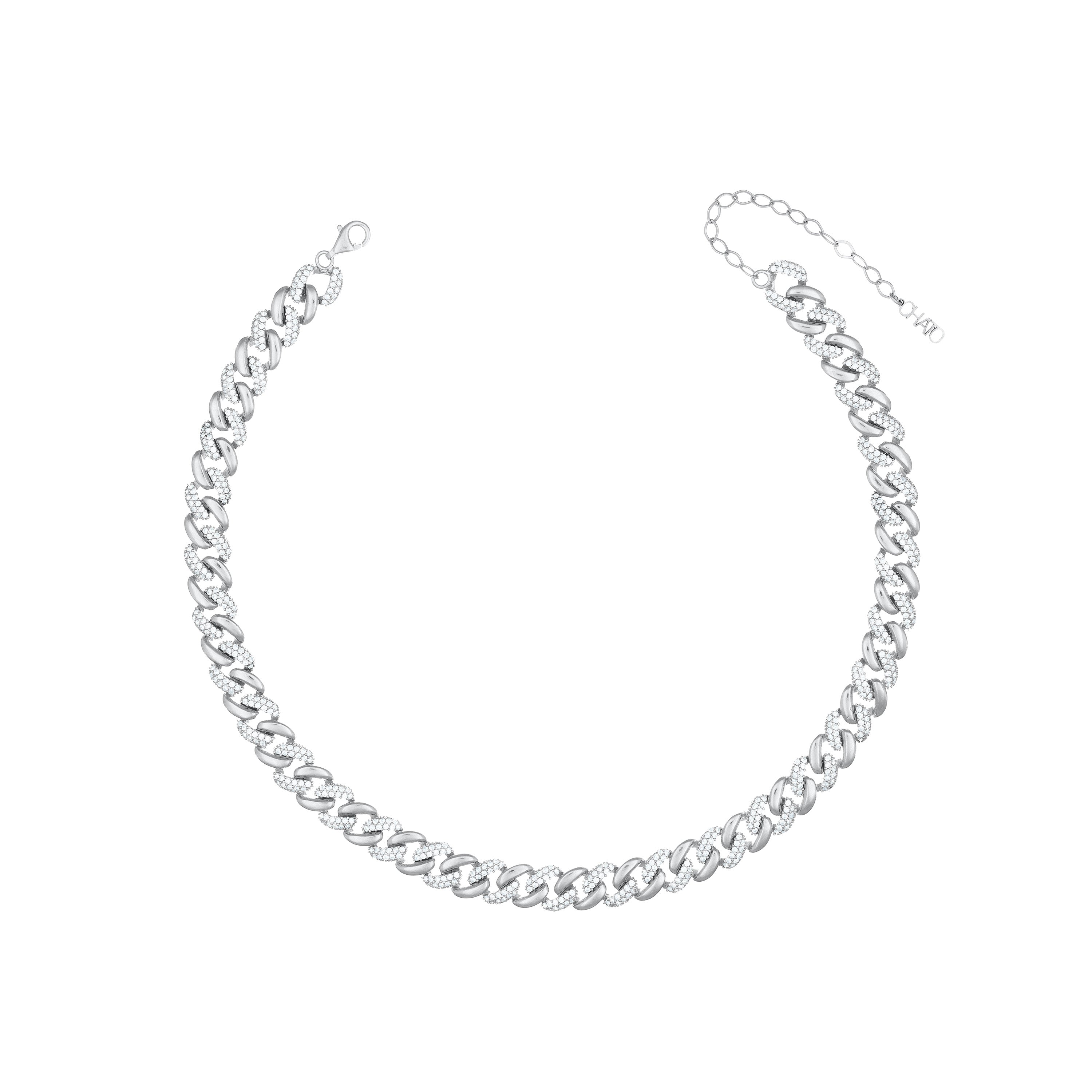 Half Pave Half Plain Cuban Link Chain Choker - Silver White