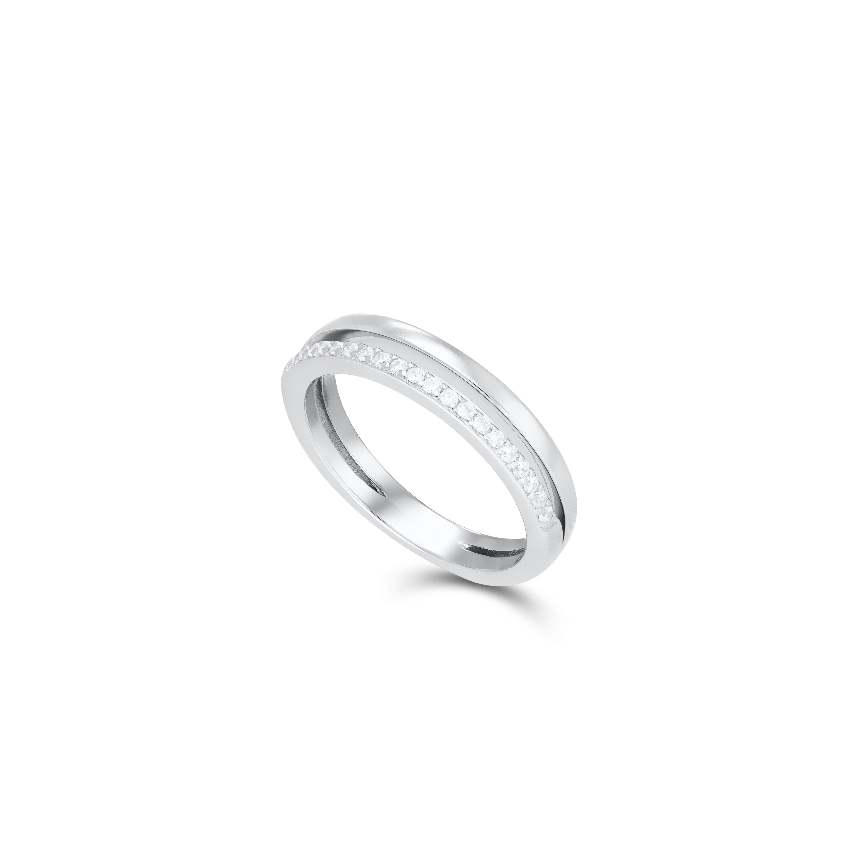 Half Plain Half Cubic Zirconia Double Line Ring - Silver White