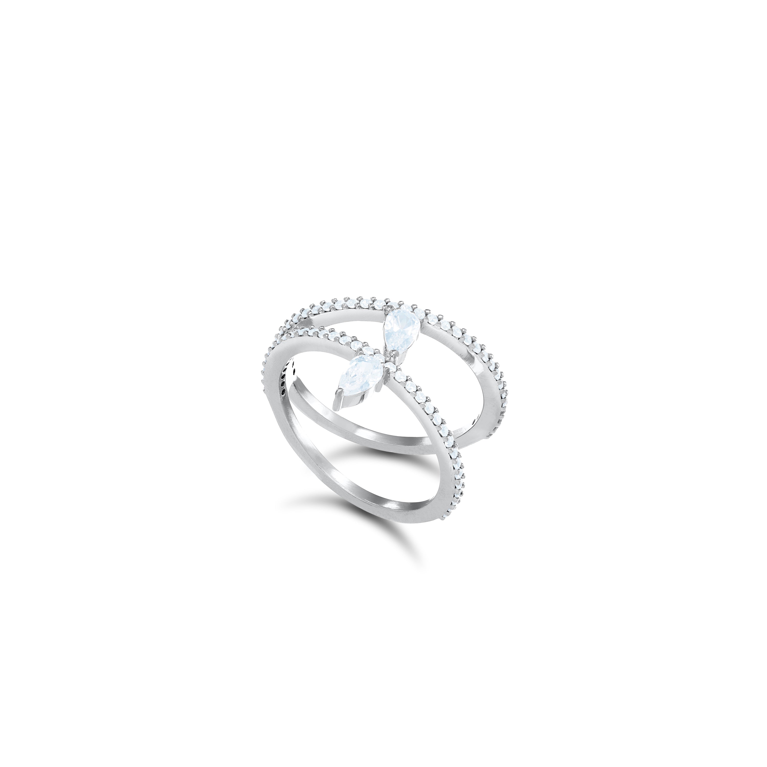 Inclined Two Line Teadrops Rings - Silver White