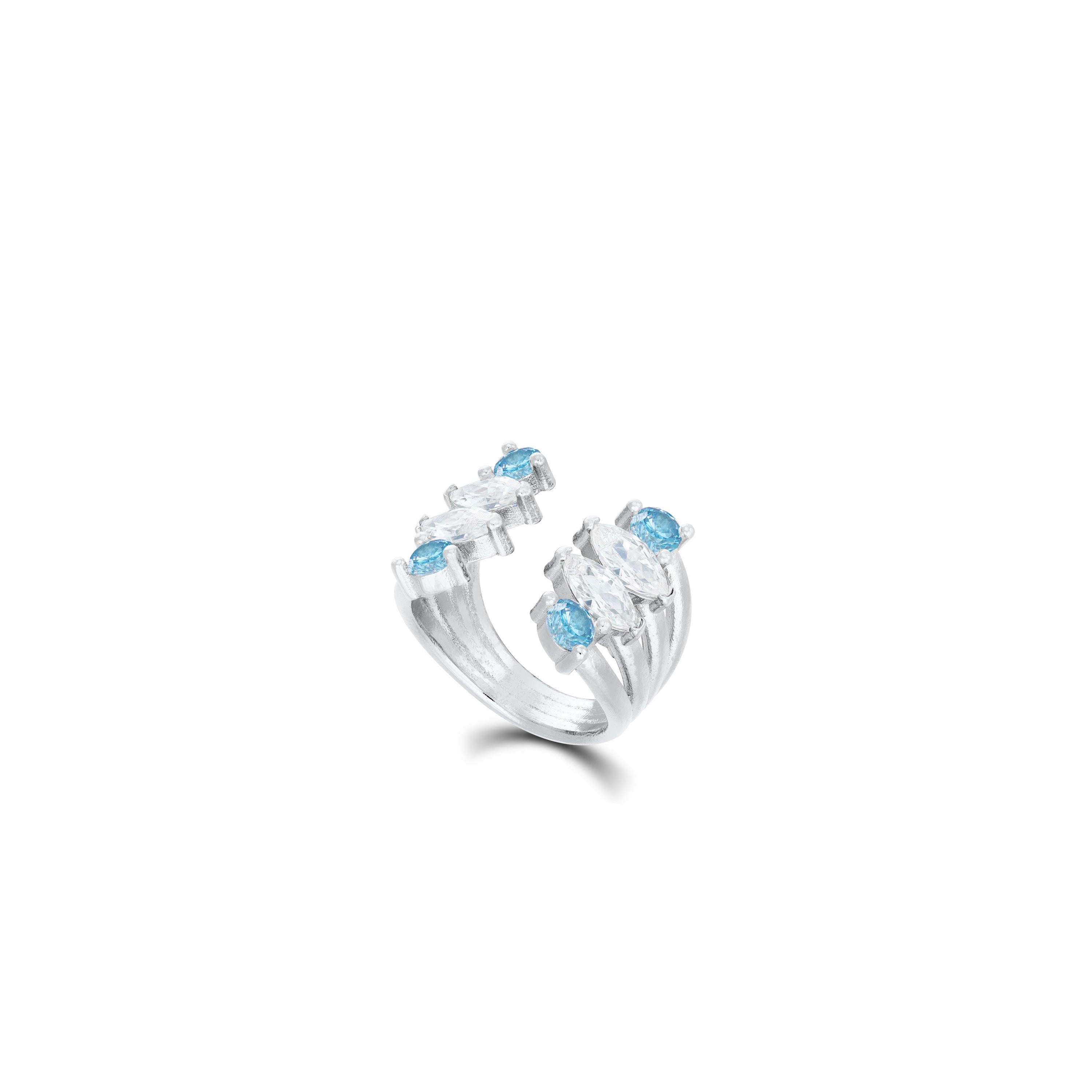 Marquise And Cubic Zirconia Open Band Pinky Ring - Silver Aquamarine And White