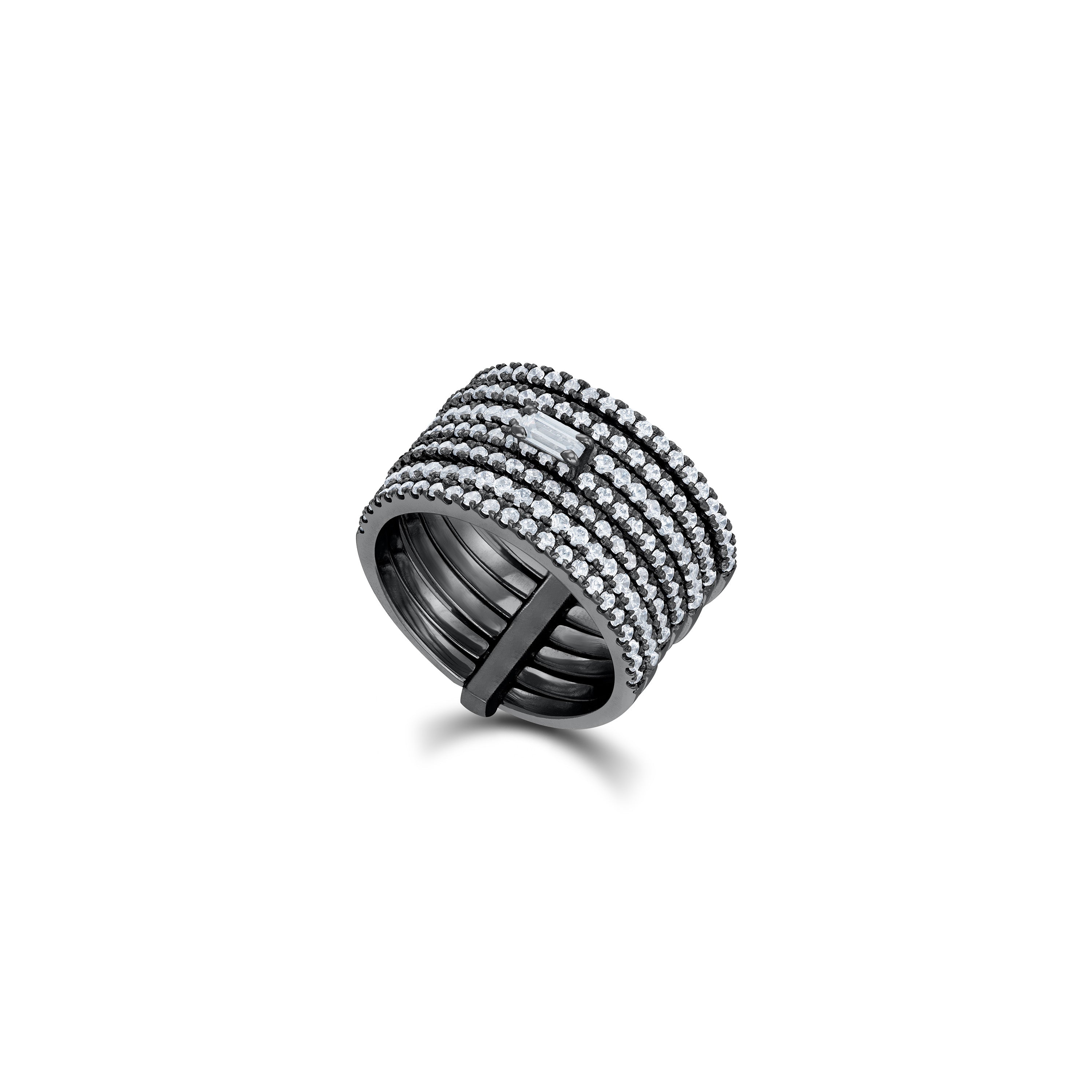 Multi-Layer Pave CZ Ring with Baguette Accent - Black Rhodium White