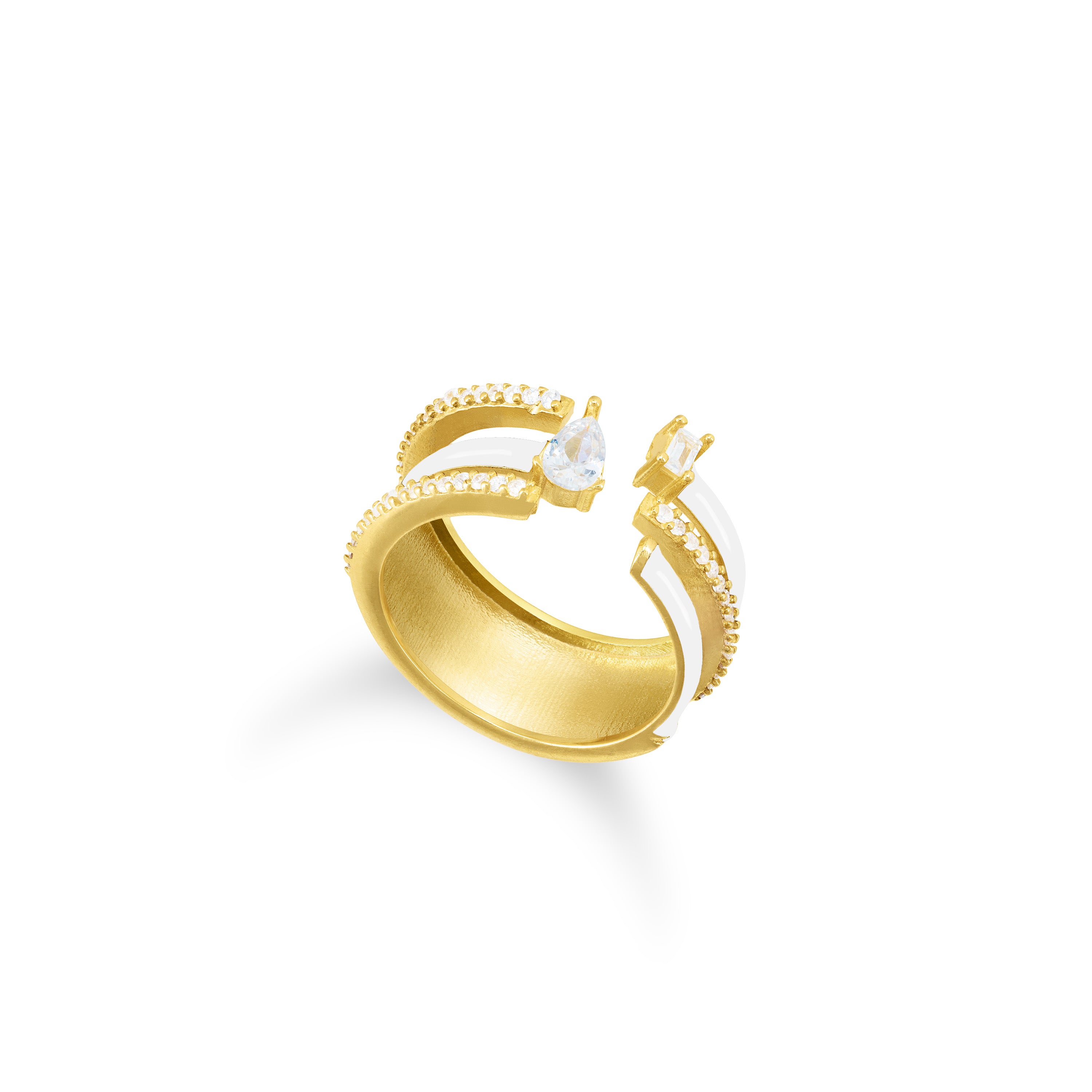 Multishape Triple Row Open Enamel Statement Ring - Gold White