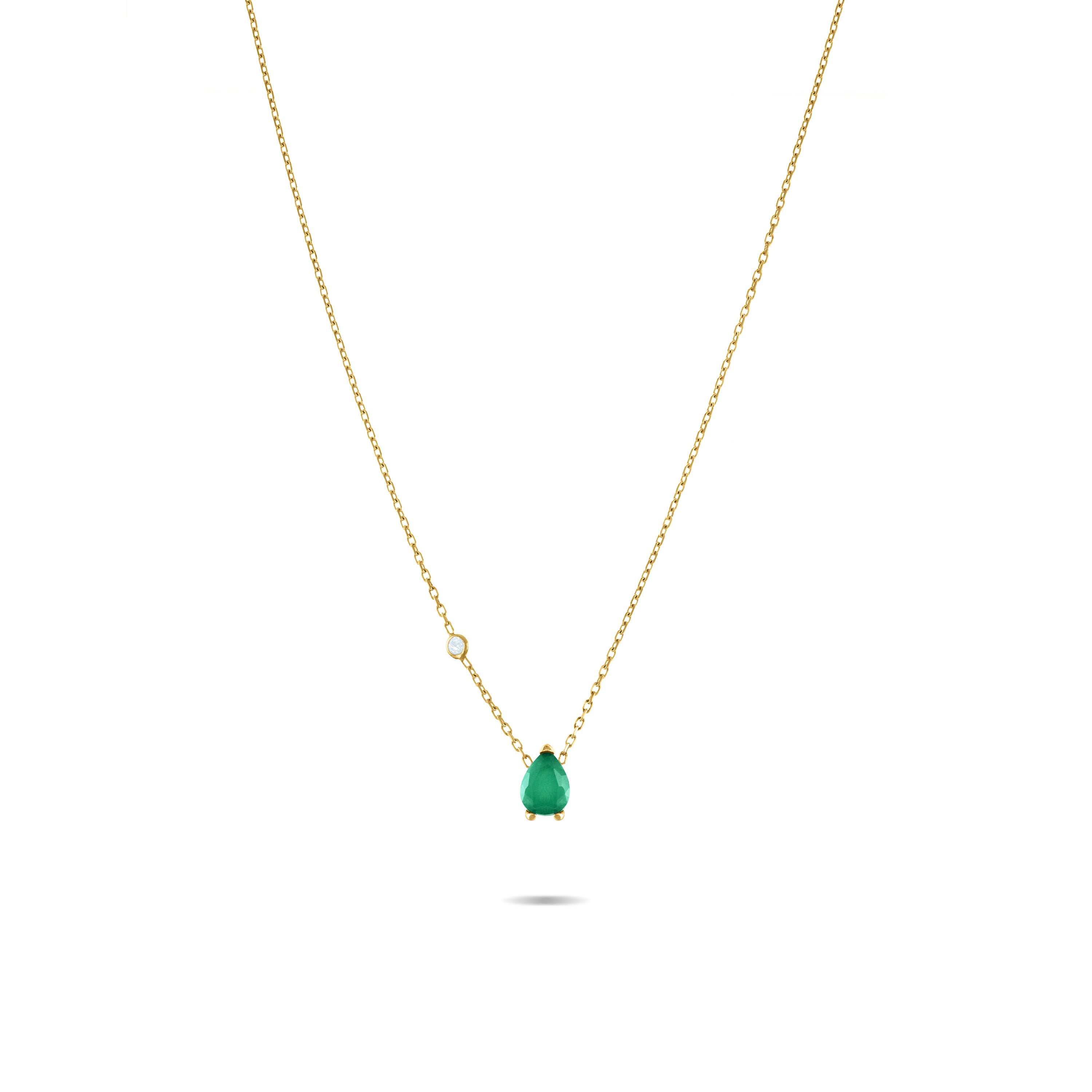 One Bezel Cubic Zirconia Big Teardrop Chain Necklace - Gold Green Matt And White