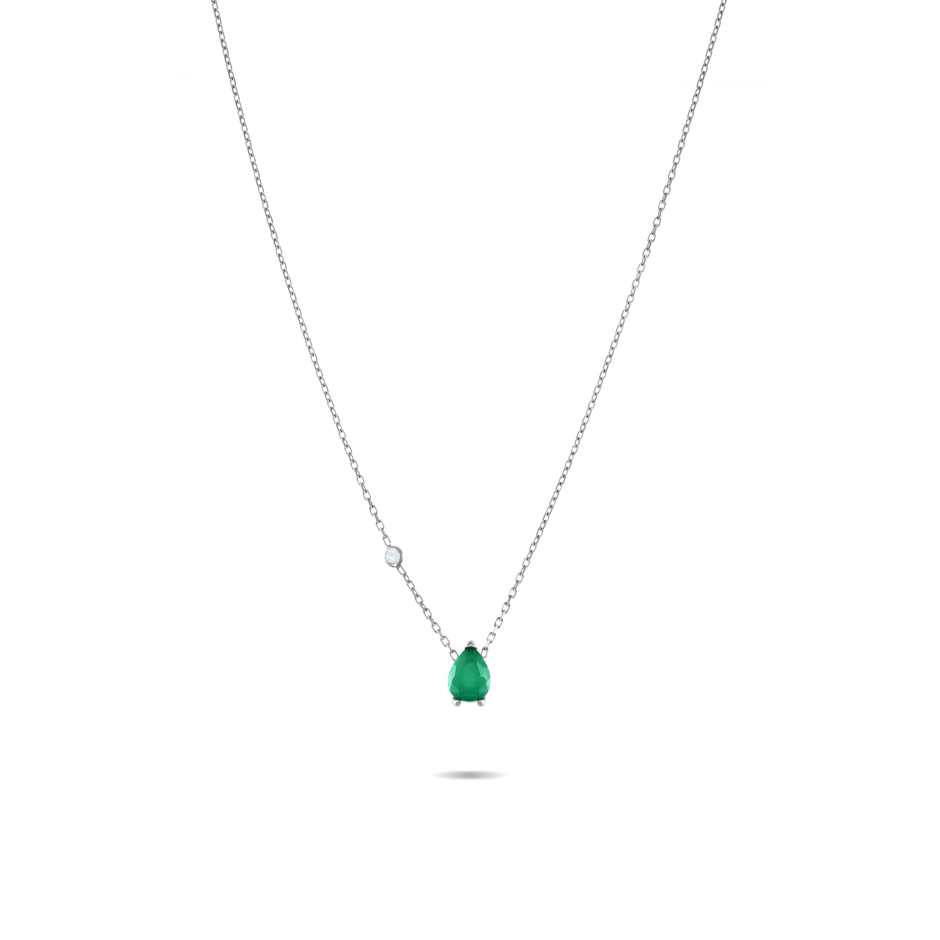 One Bezel Cubic Zirconia Big Teardrop Chain Necklace - Silver Green Matt And White