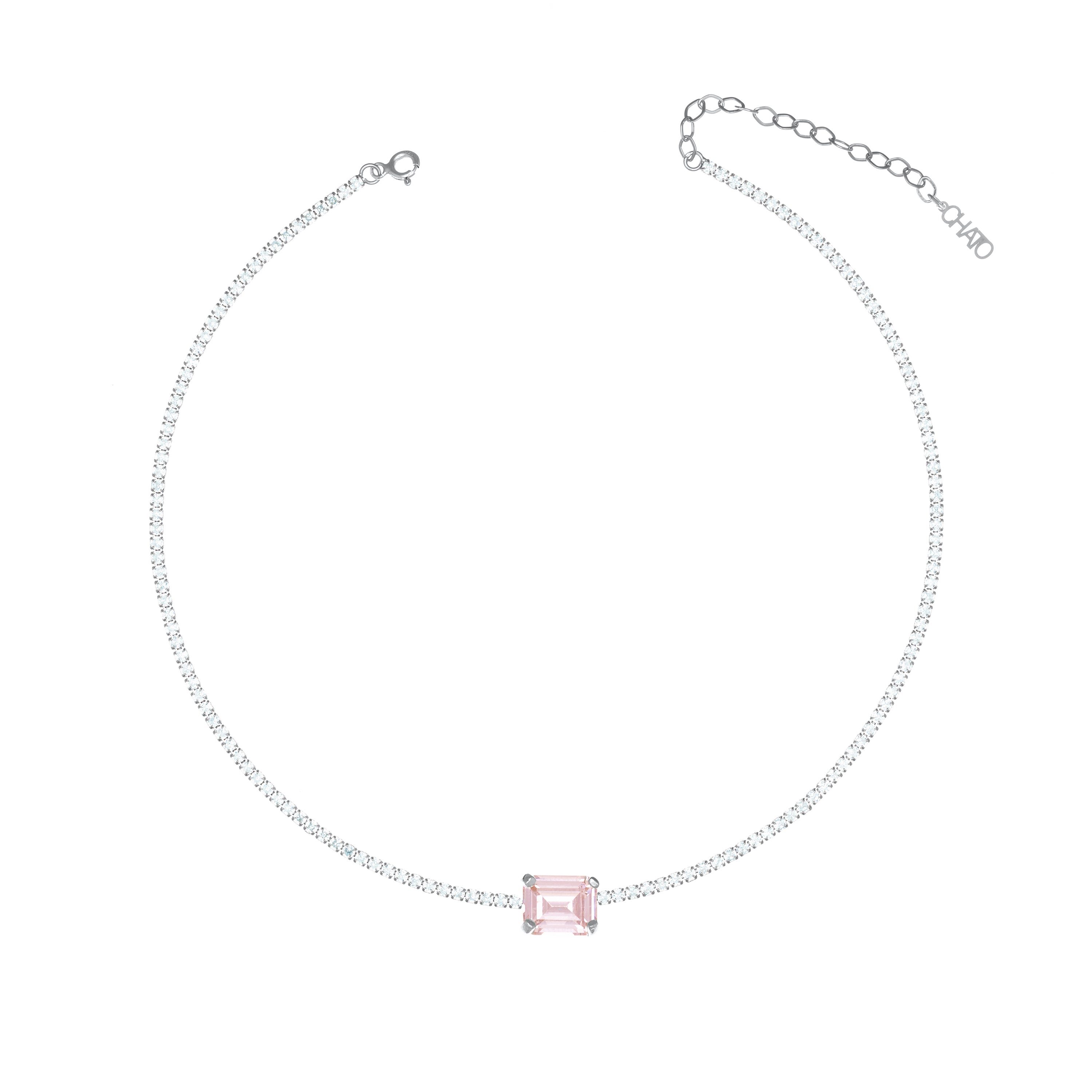 One Big Rectangle Horizontal Tennis Choker - Silver Light Pink And White