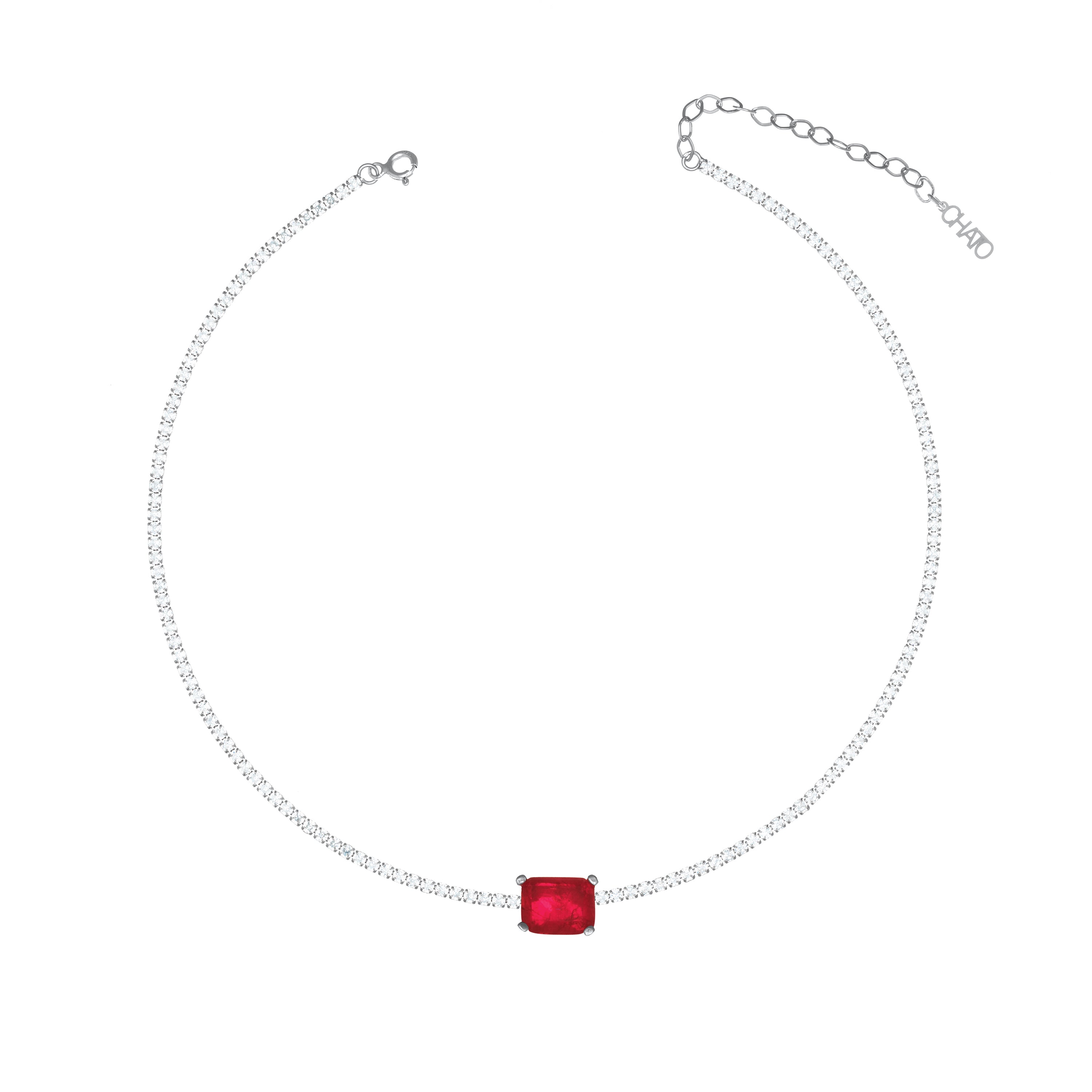 One Big Rectangle Horizontal Tennis Choker - Silver Ruby Matt And White