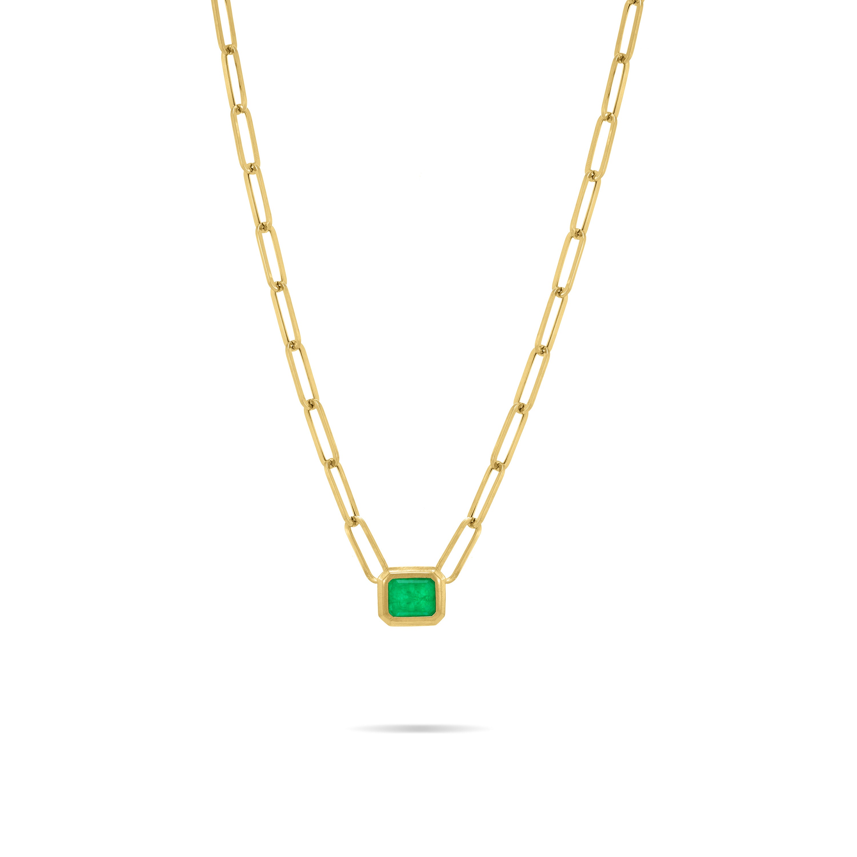 One Big Stone Bezel Paperclip Chain Necklace - Gold Green Matt