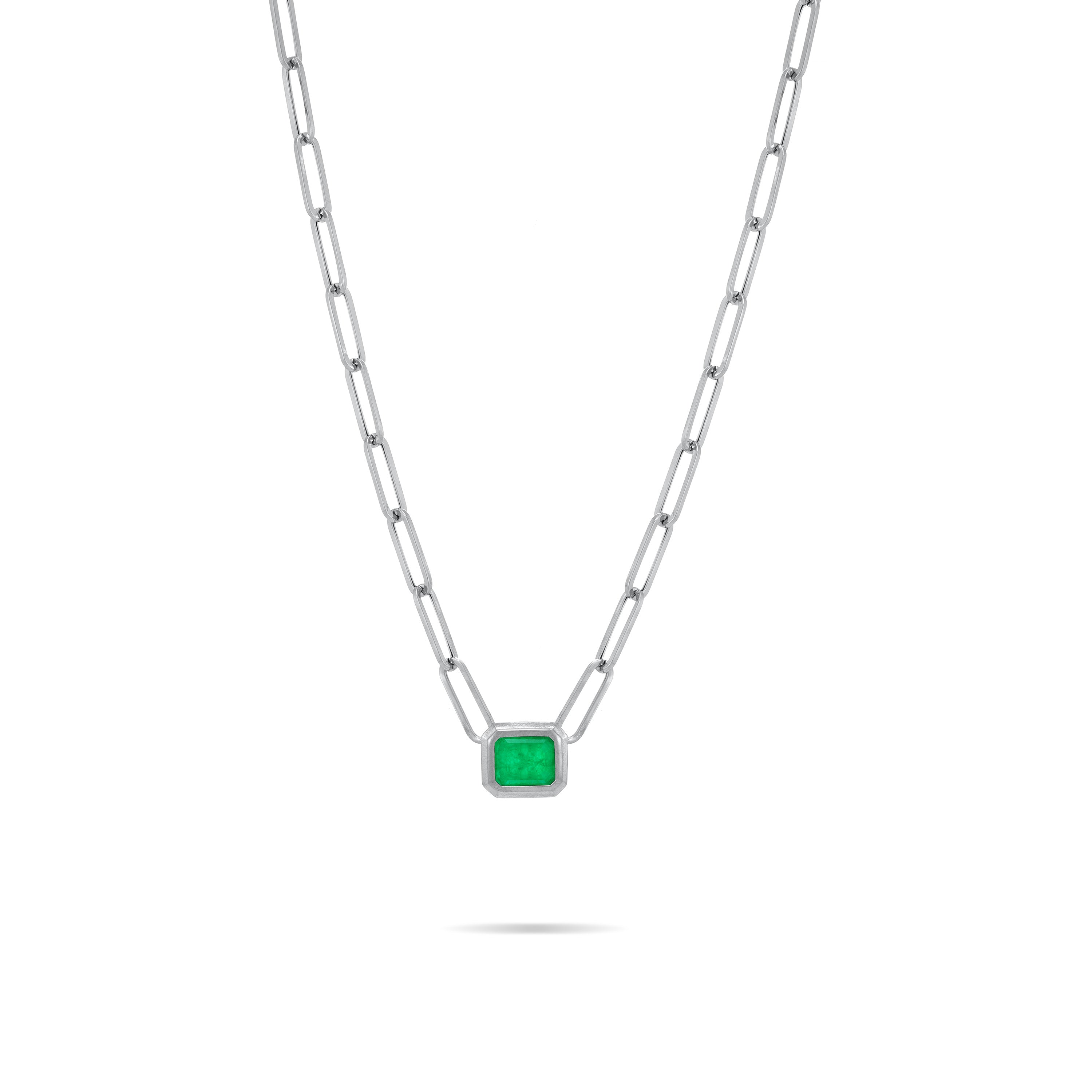 One Big Stone Bezel Paperclip Chain Necklace - Silver Green Matt