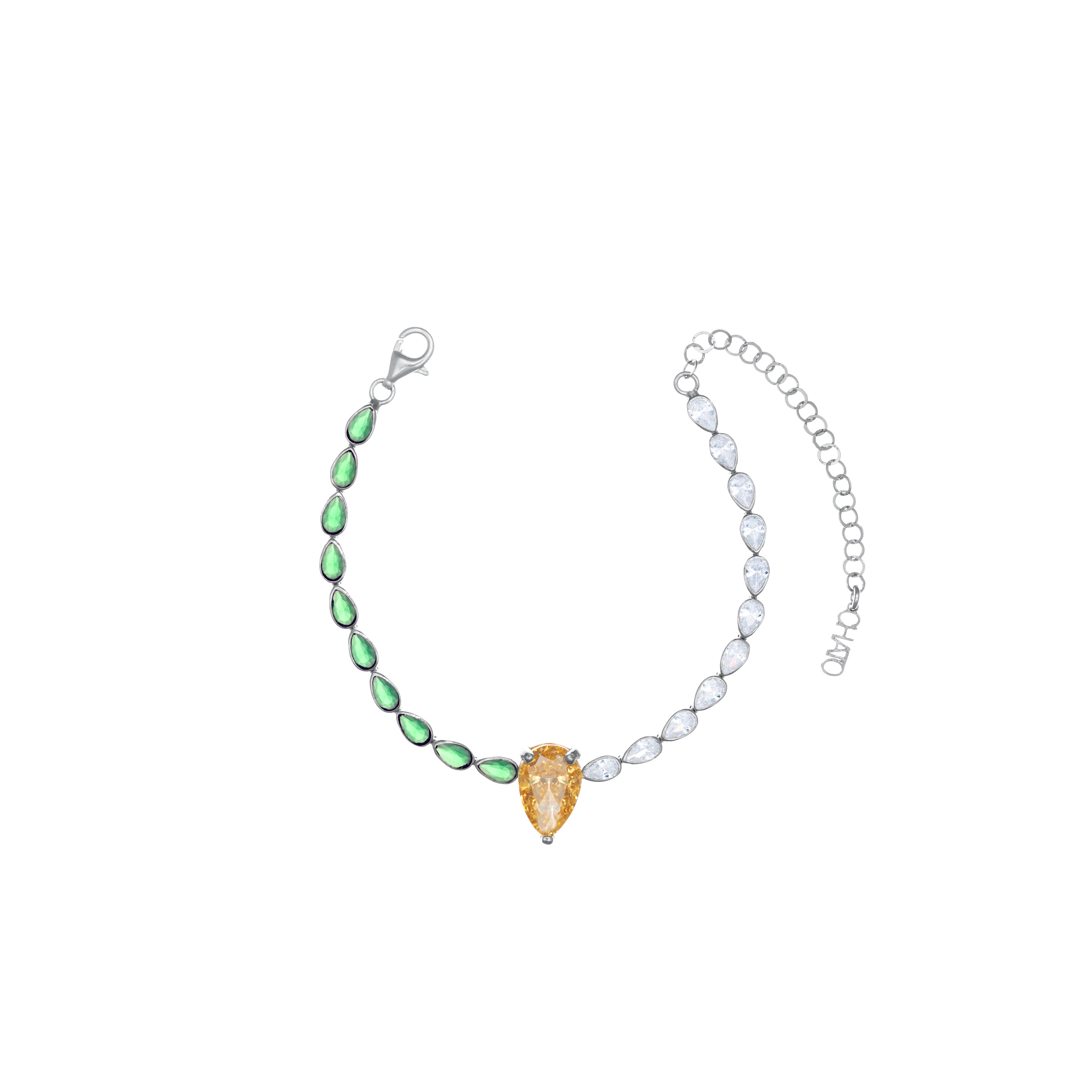 One Big Teardrop Eternity Teardrop Bezel Bracelet - Silver Green Citrine And White