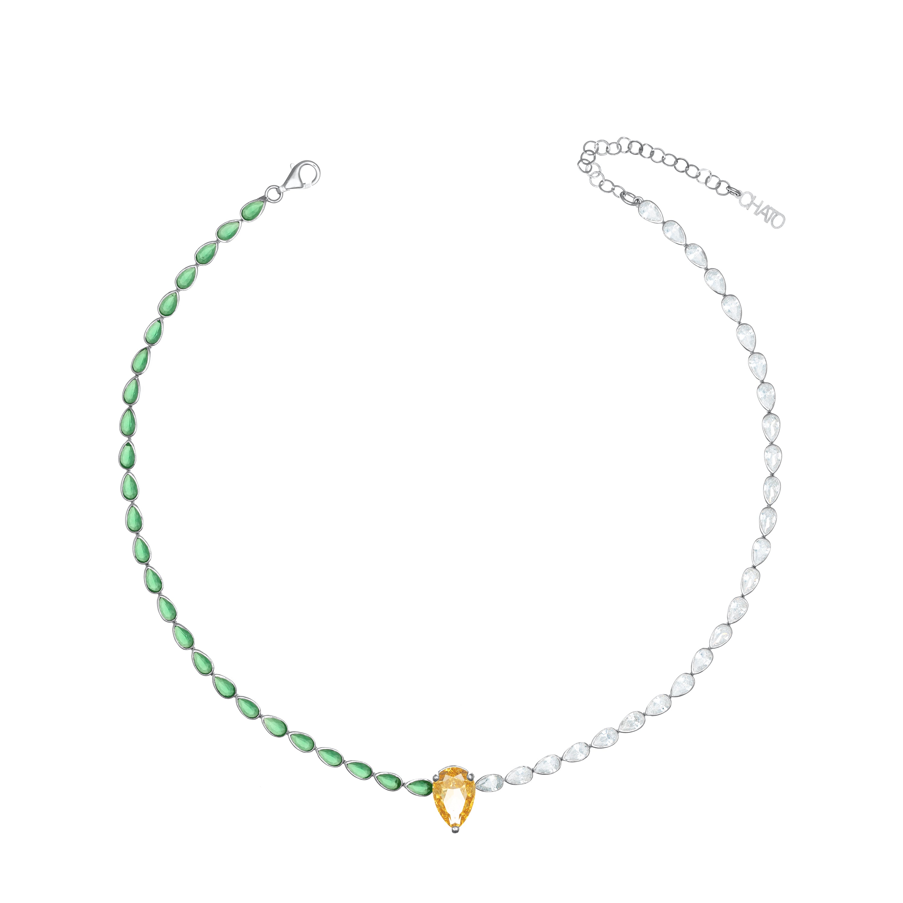 One Big Teardrop Eternity Teardrop Bezel Choker - Silver Green Citrine And White