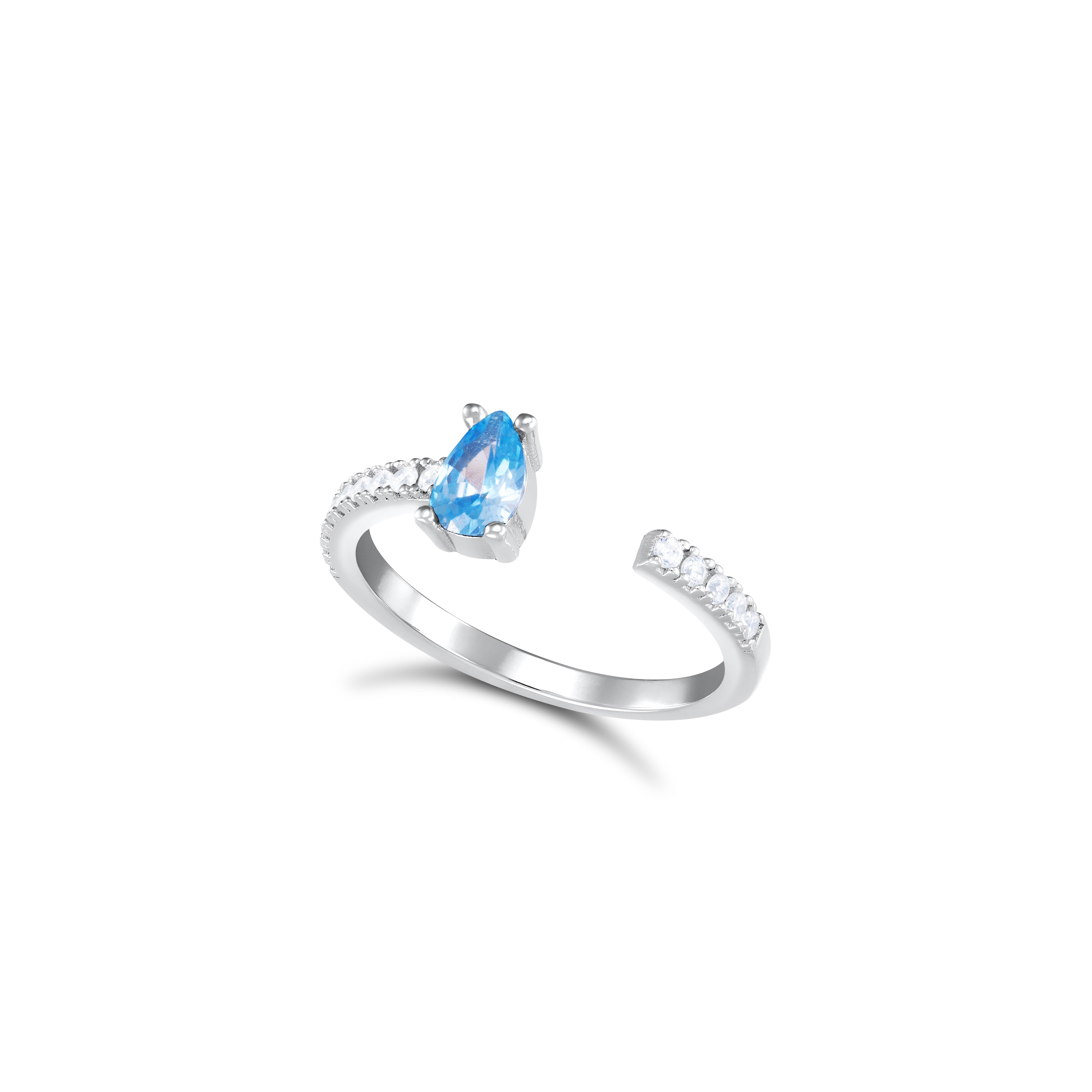 One Side Teardrop One Side Line CZ Ring - Aquamarine And White