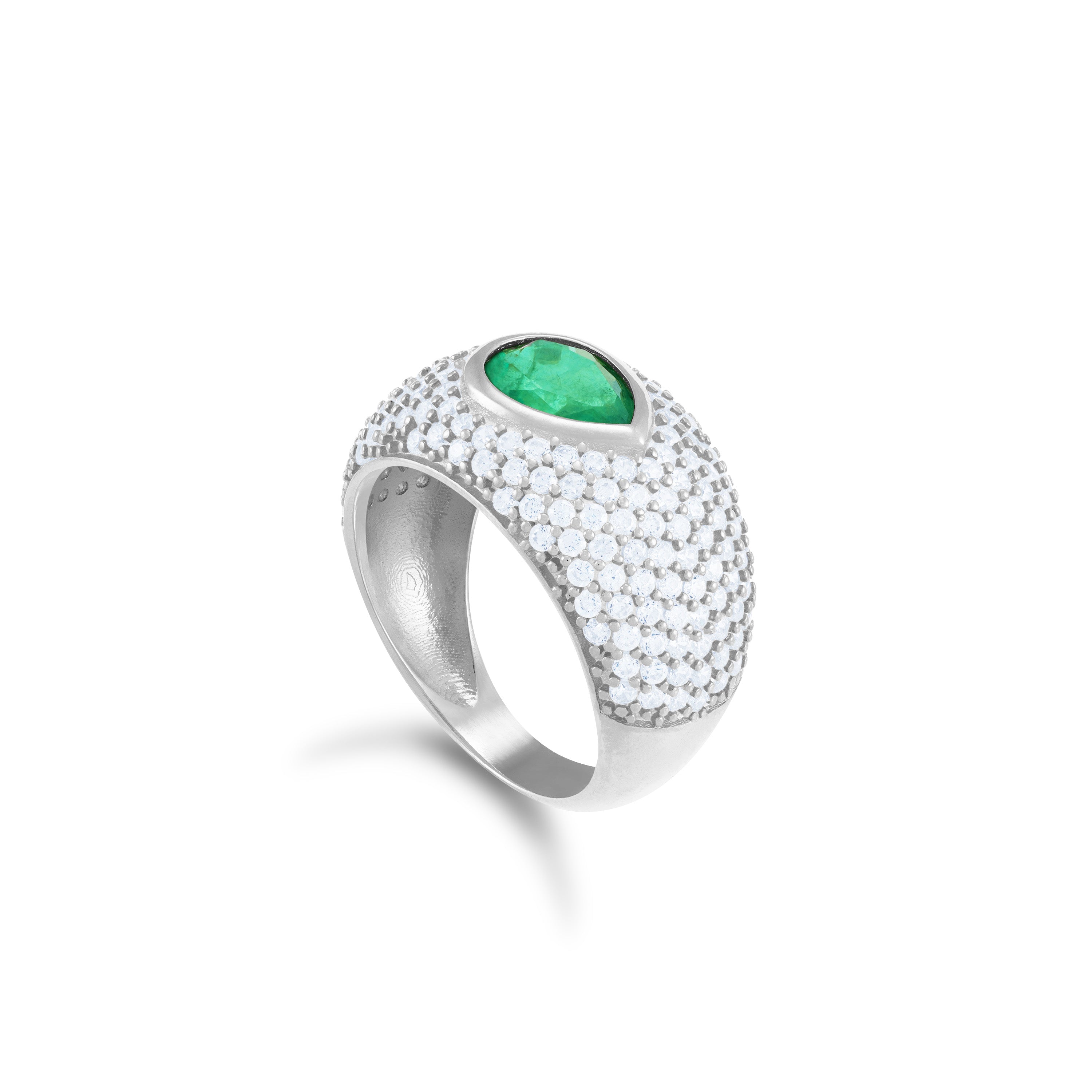 One Teardrop Pave Dome Ring - Silver Green And White