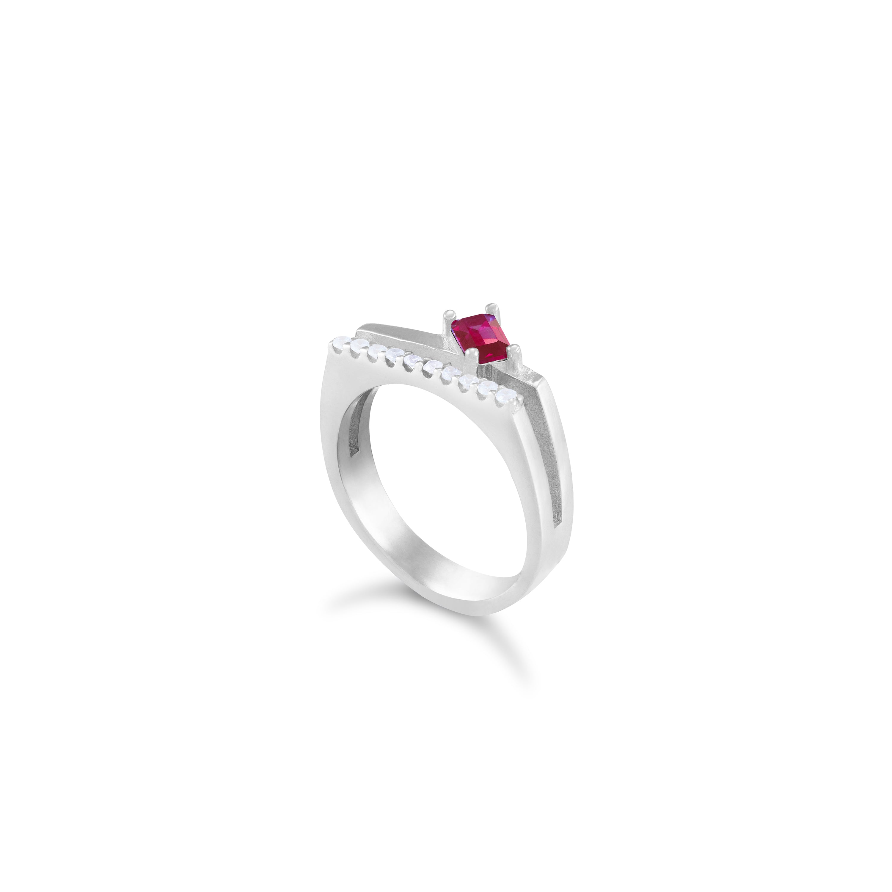 One Baguette Cubic Zirconia Bar Ring - Silver Fuchsia And White